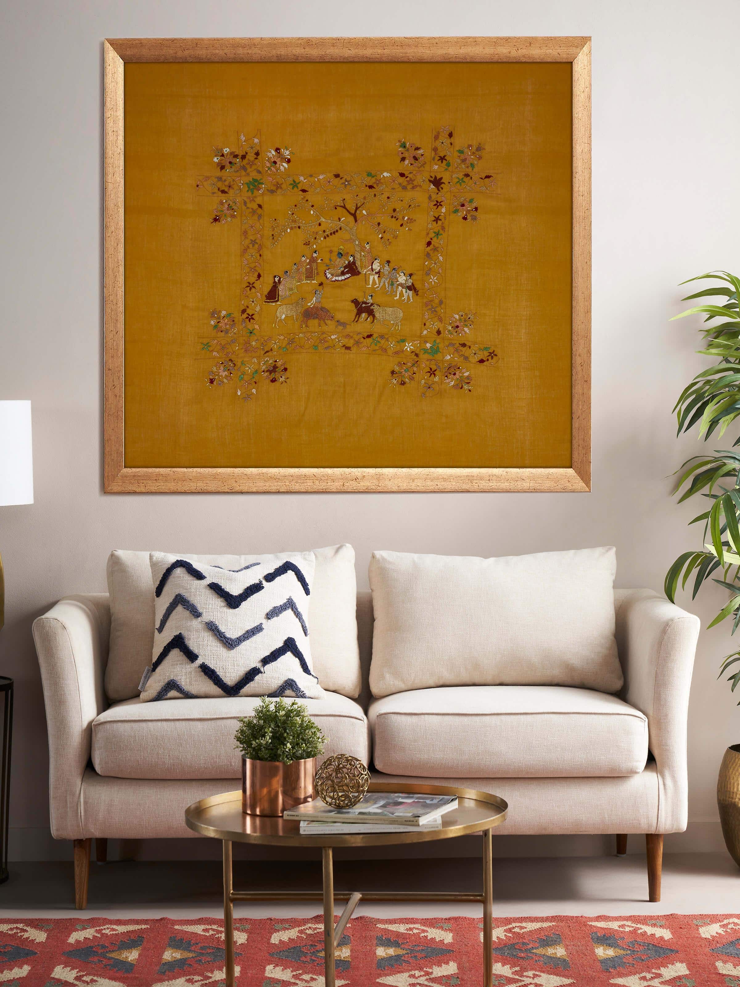 Side view of Chamba Rumal Samagam Wall Art highlighting the depth of the embroidery