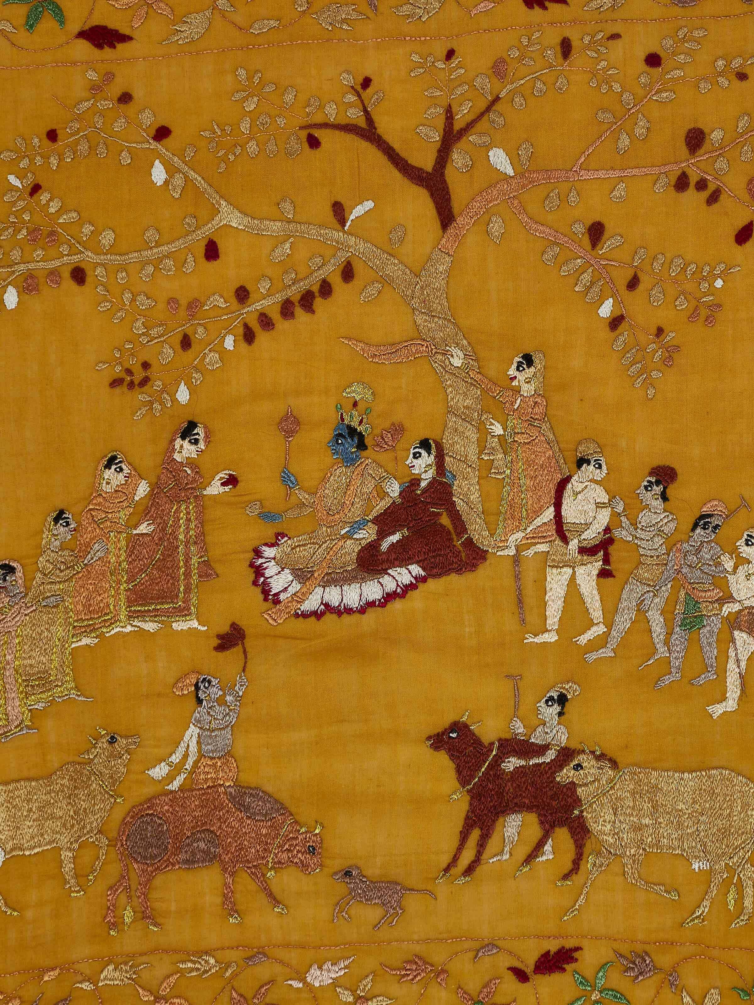 Close-up detail of Chamba Rumal Samagam Wall Art showing intricate stitching and design