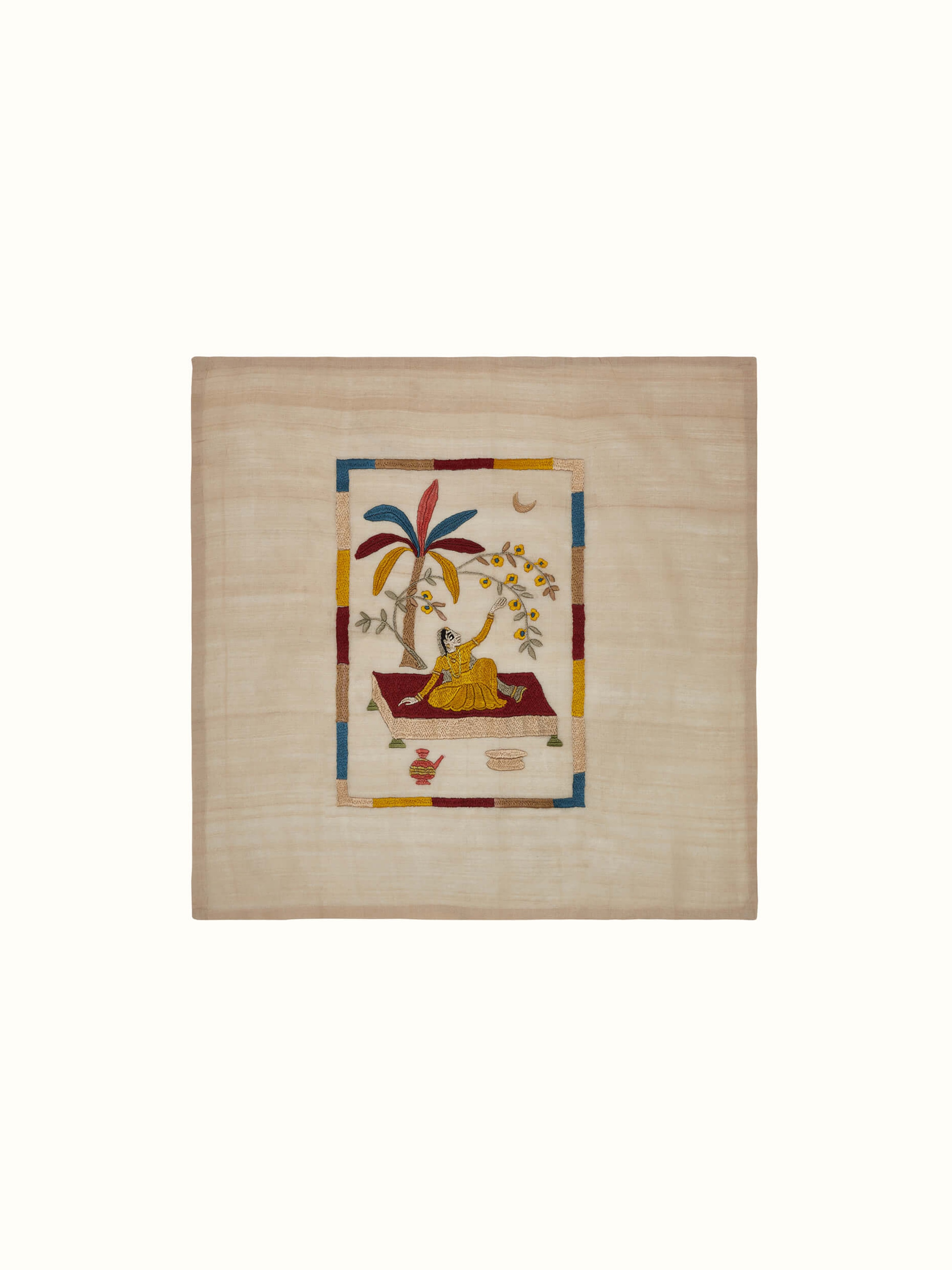 Front view of Chamba Rumal Nayika wall art showcasing vibrant traditional embroidery