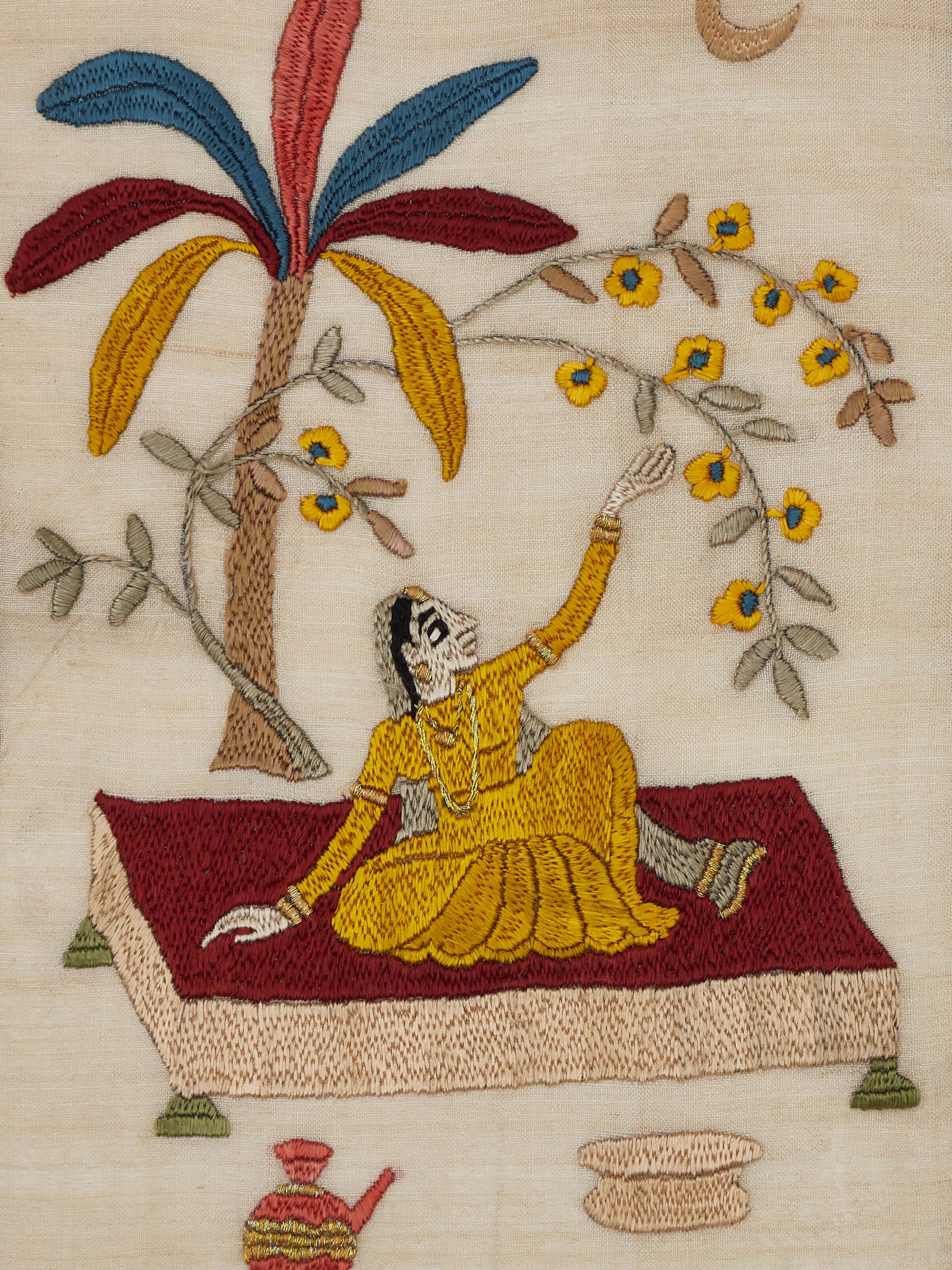 Close-up of Chamba Rumal Nayika wall art emphasizing detailed embroidery and textile quality