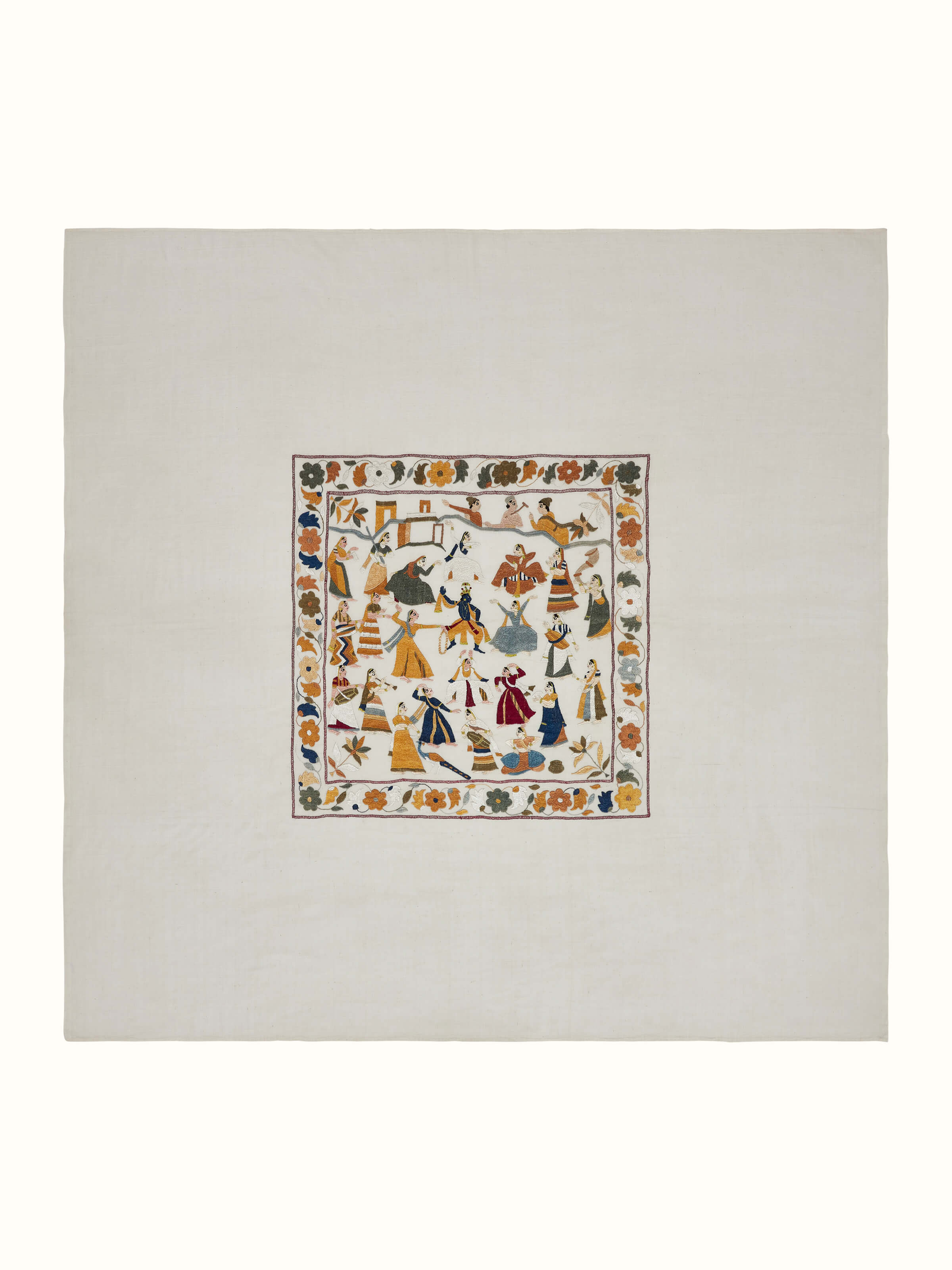 Front view of Chamba Rumal Raasleela Wall Art, showcasing intricate embroidery patterns depicting the Raasleela scene.