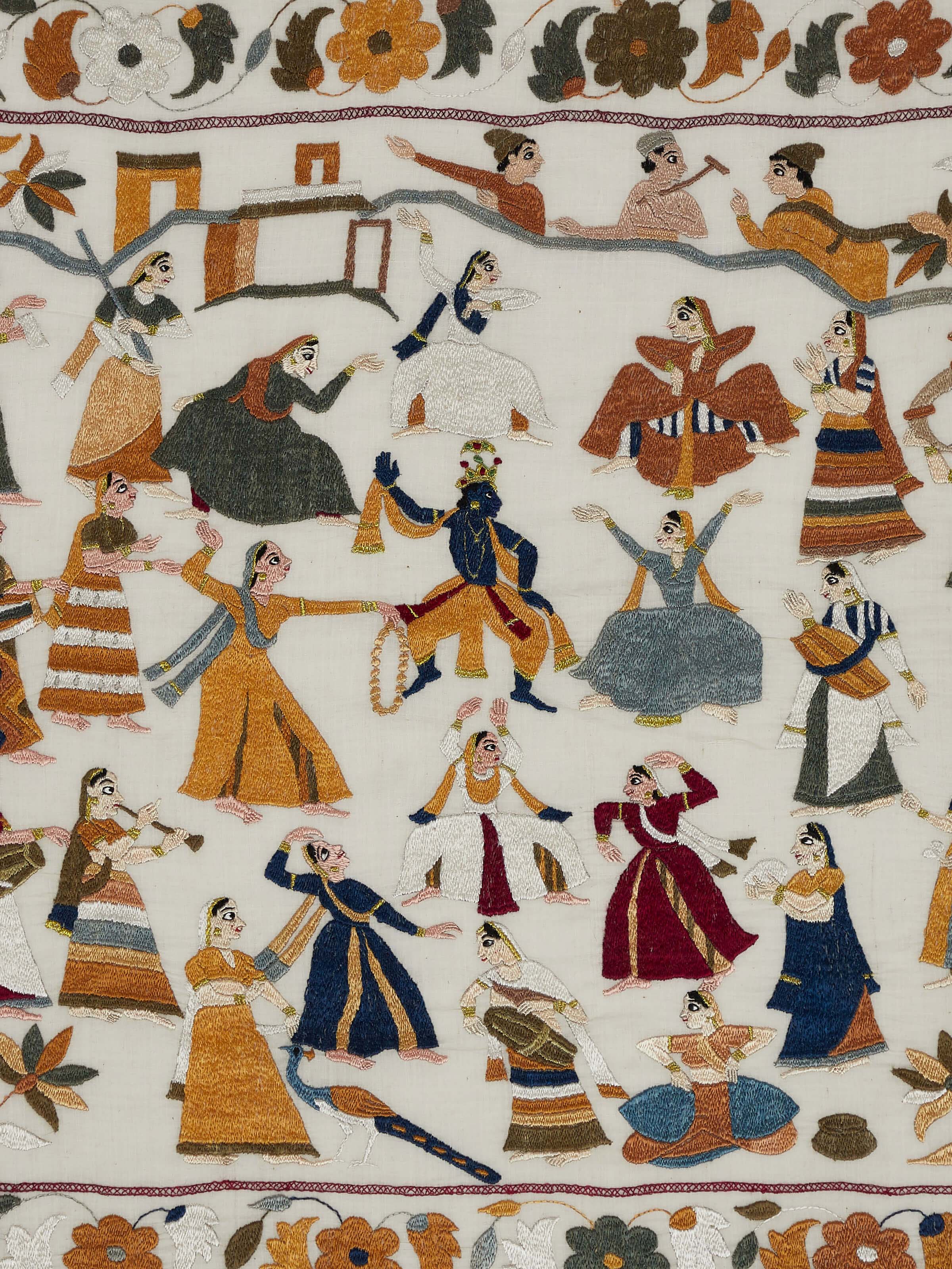Angled view of Chamba Rumal Raasleela Wall Art, capturing the beautiful embroidery design and vibrant depiction of Raasleela.