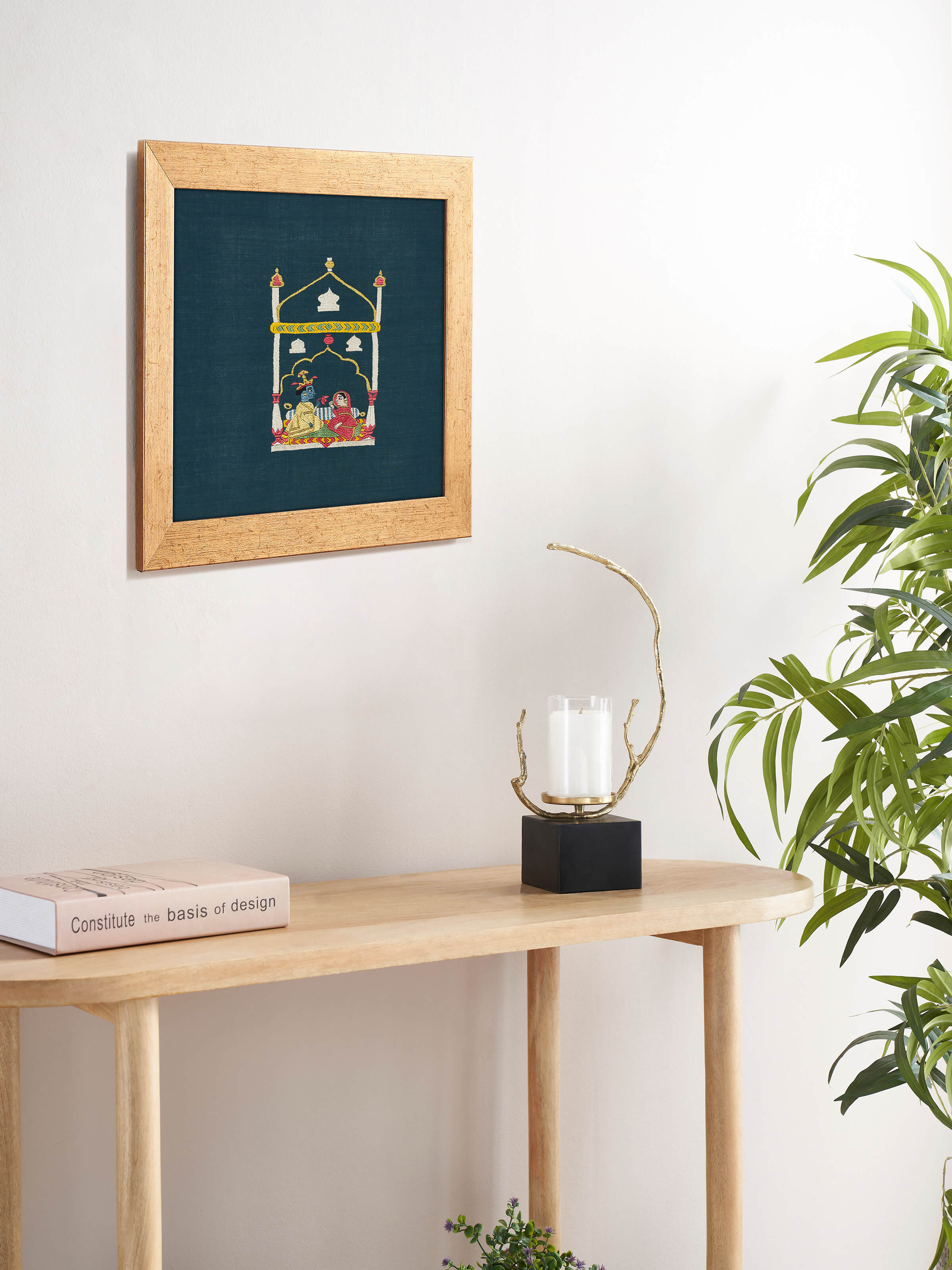 Side view of Chamba rumal shamiyana wall art highlighting its traditional patterns and design