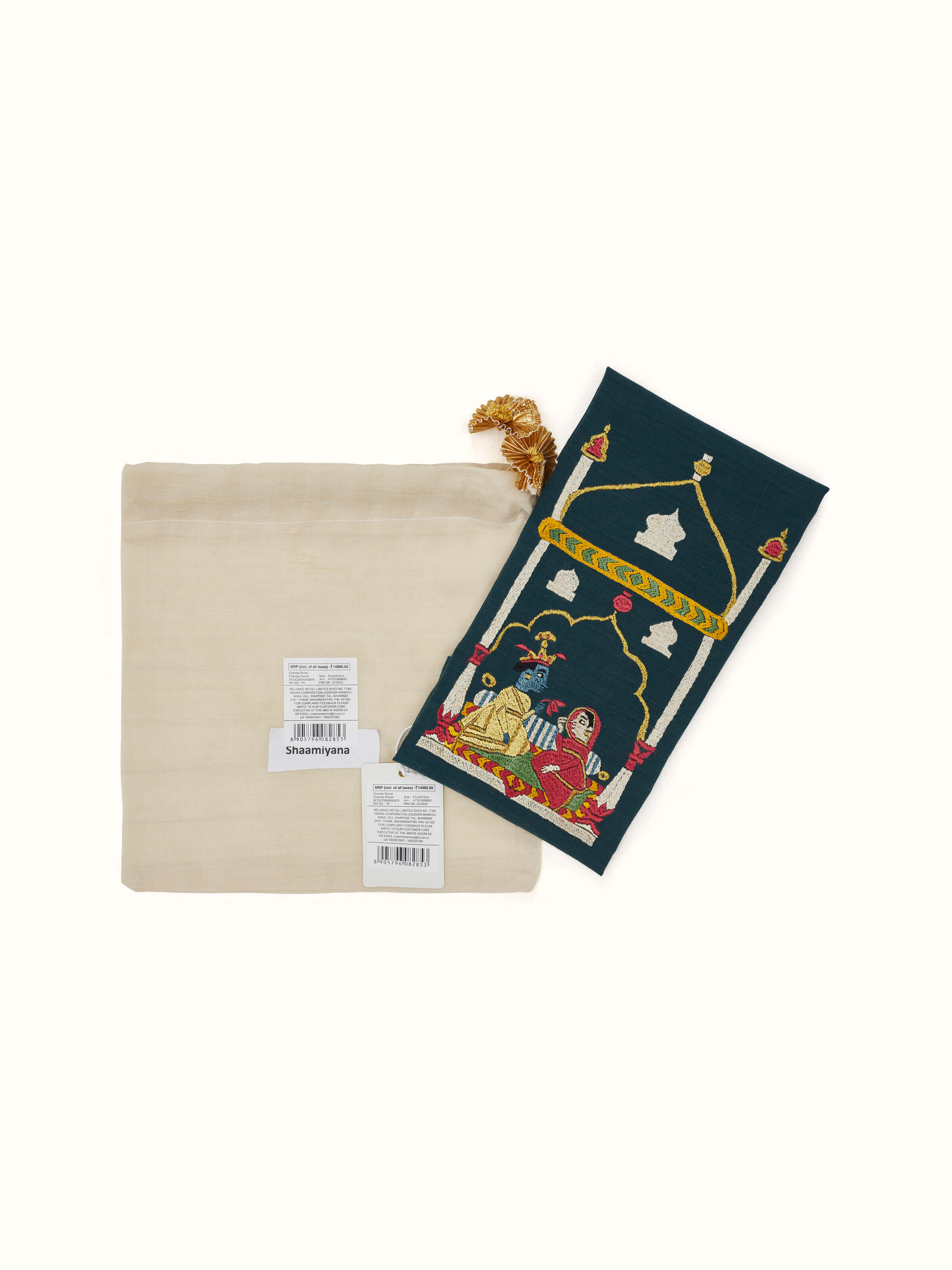 Top view of Chamba rumal shamiyana wall art showcasing its vibrant design and traditional motifs