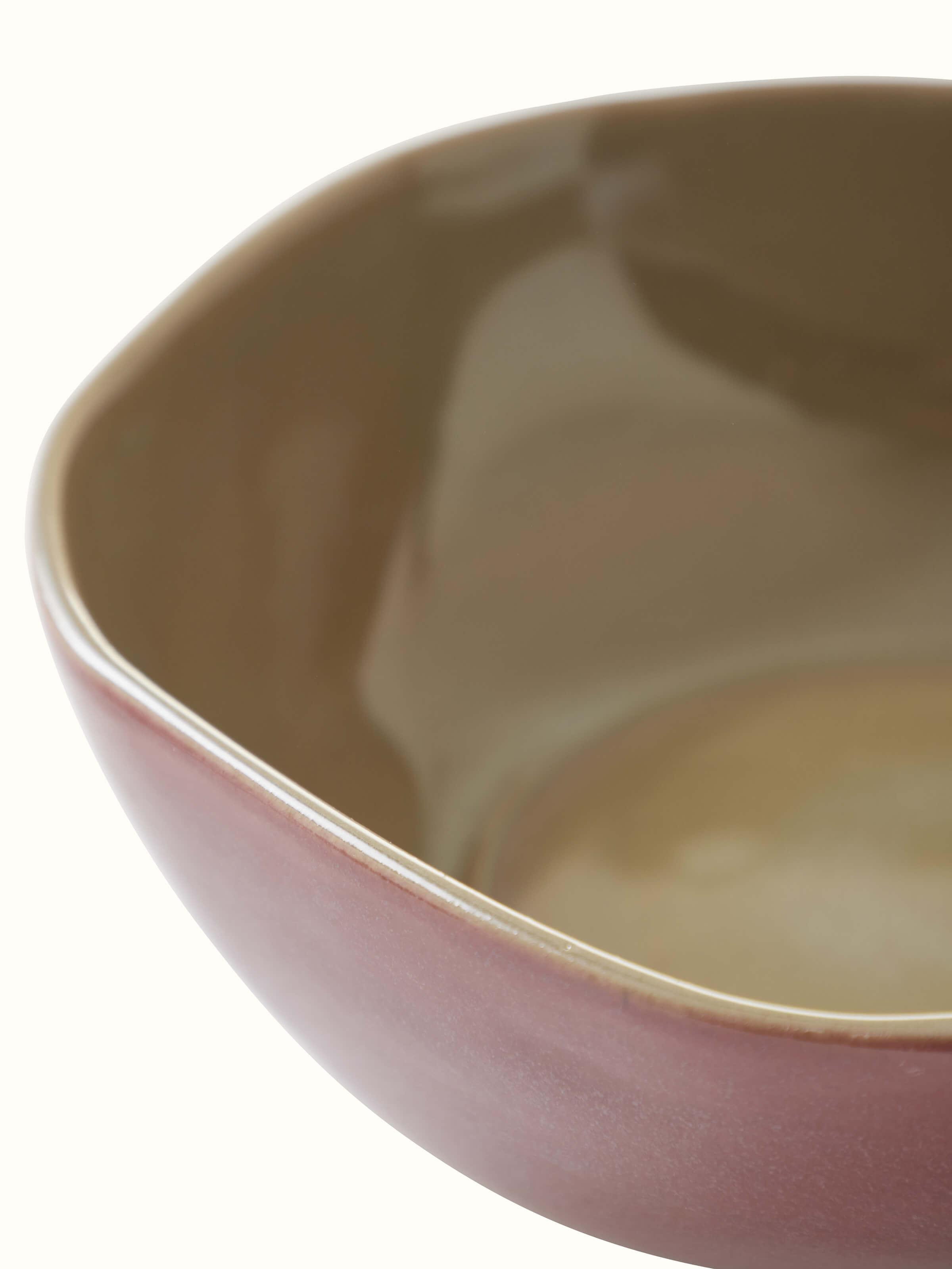 Overhead view of Khurja pottery ceramic serving bowls in pink (3 pcs) showing the interior design
