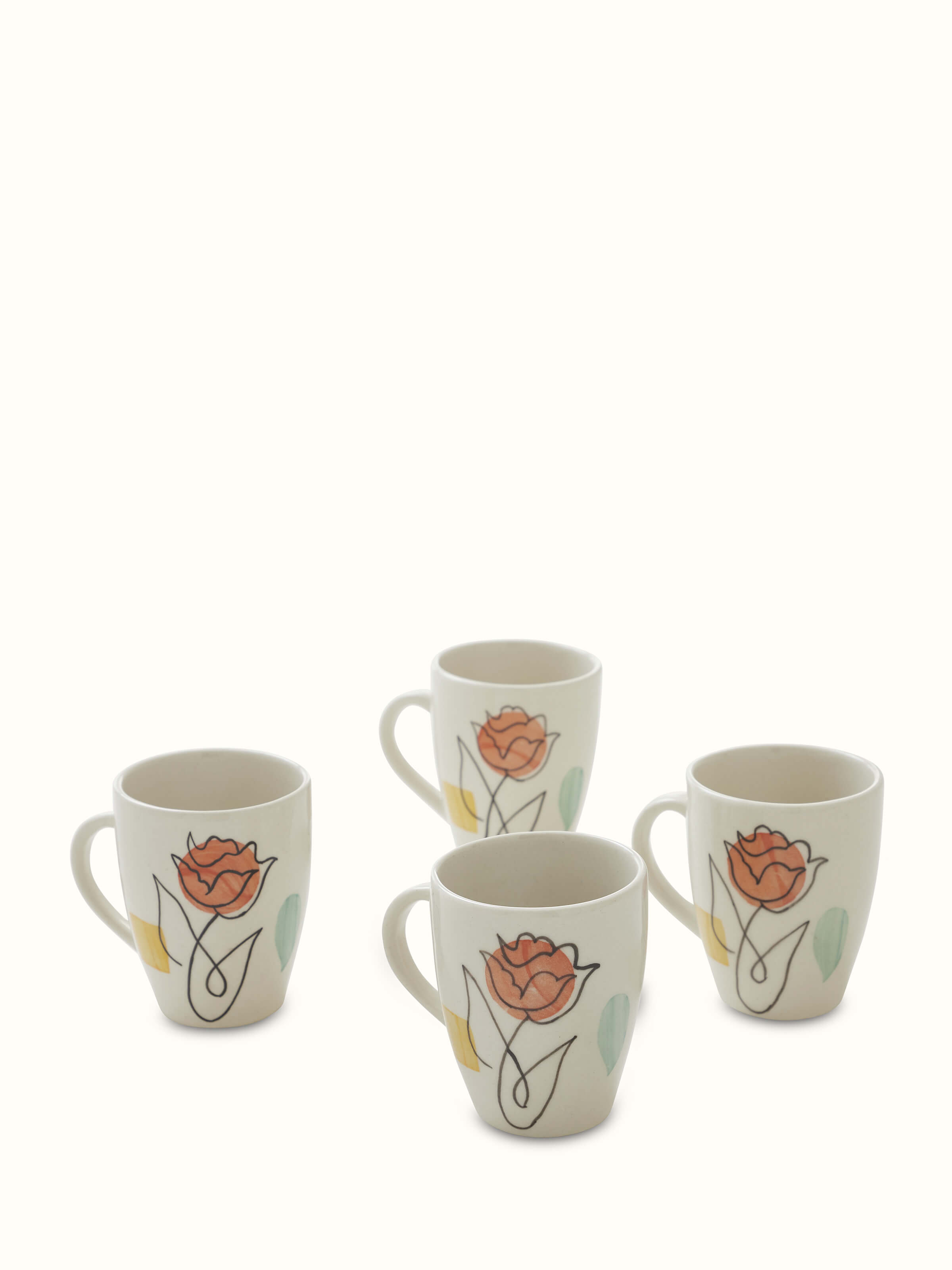 Front view of Khurja pottery ceramic coffee mugs (4 pcs) showing the vibrant orange and white pattern