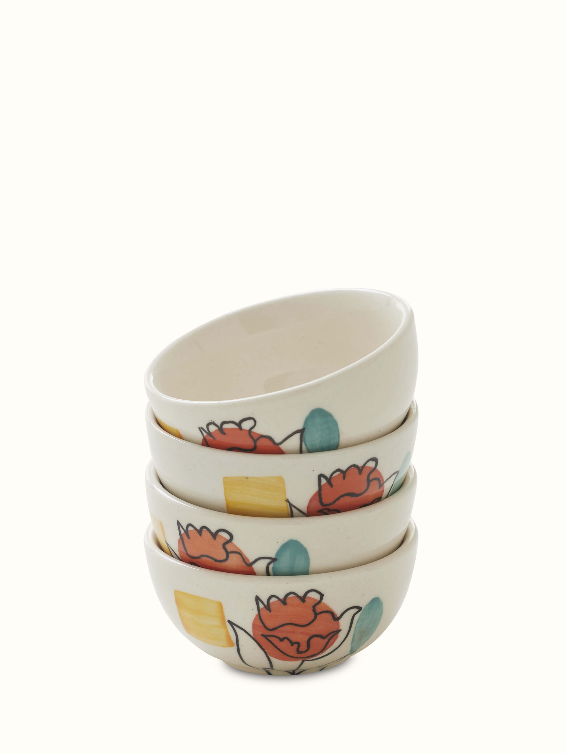 Front view of Khurja Pottery Ceramic Dinner Bowls in orange & white (4 pcs) highlighting the set's design and vibrant colors.