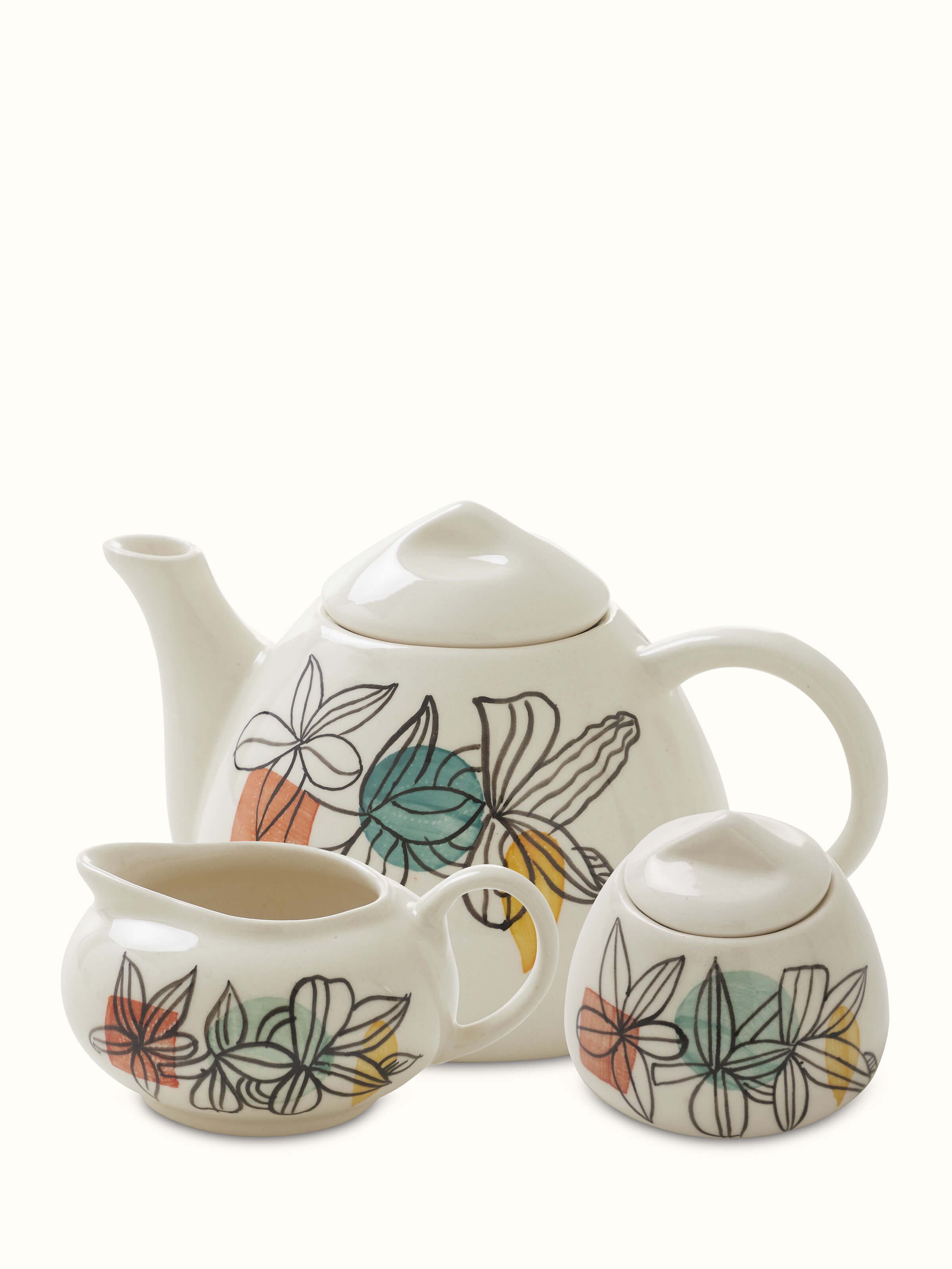 Front view of Khurja Pottery Ceramic Tea Set in white (3 pcs) showing the complete set and design.