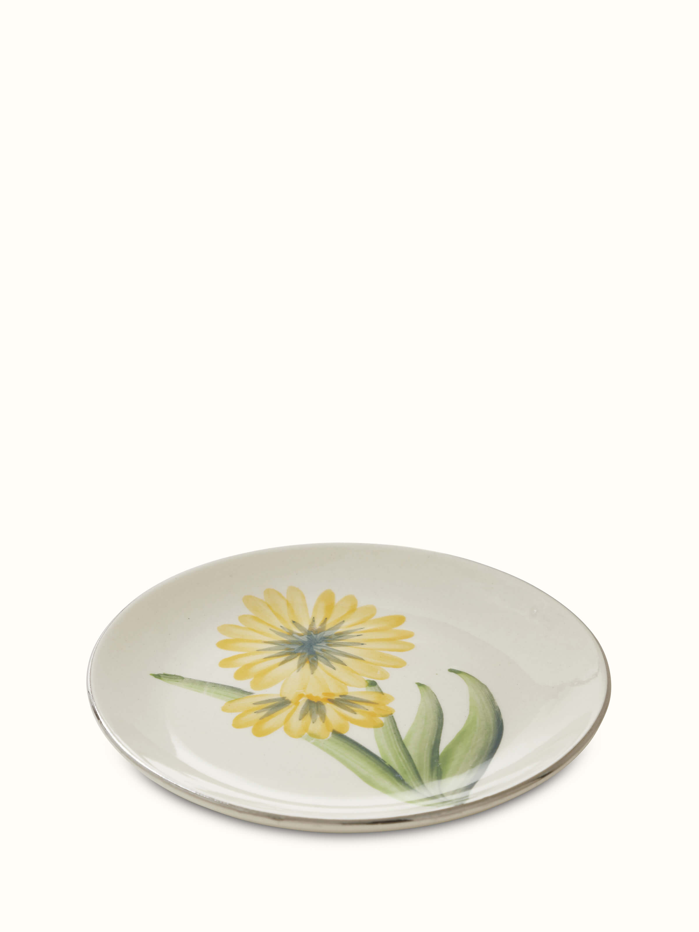 Angled view of Khurja pottery ceramic salad plates yellow & white set (4 pcs)