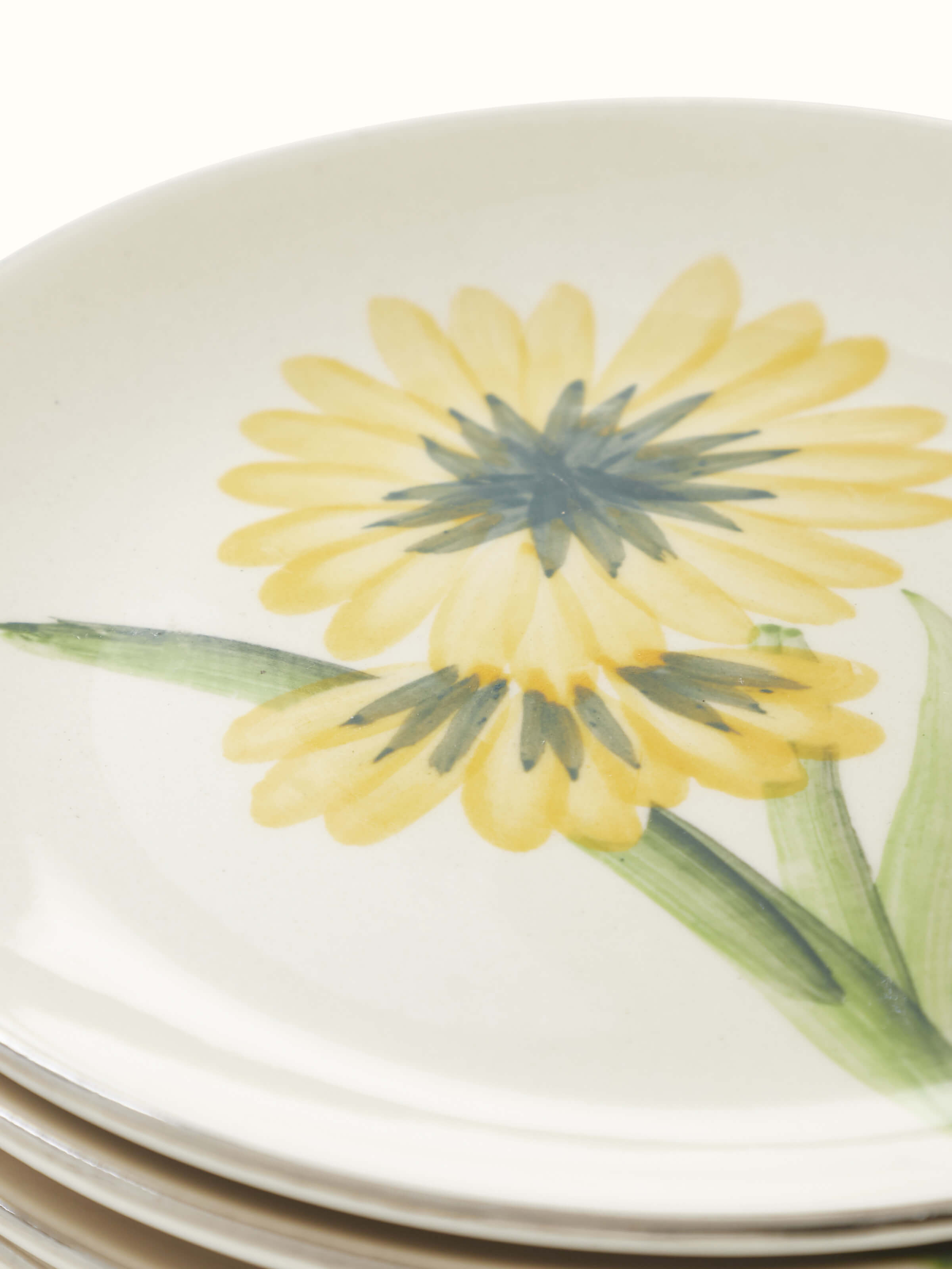 Close-up view of Khurja pottery ceramic salad plates set in yellow and white (4 pcs)
