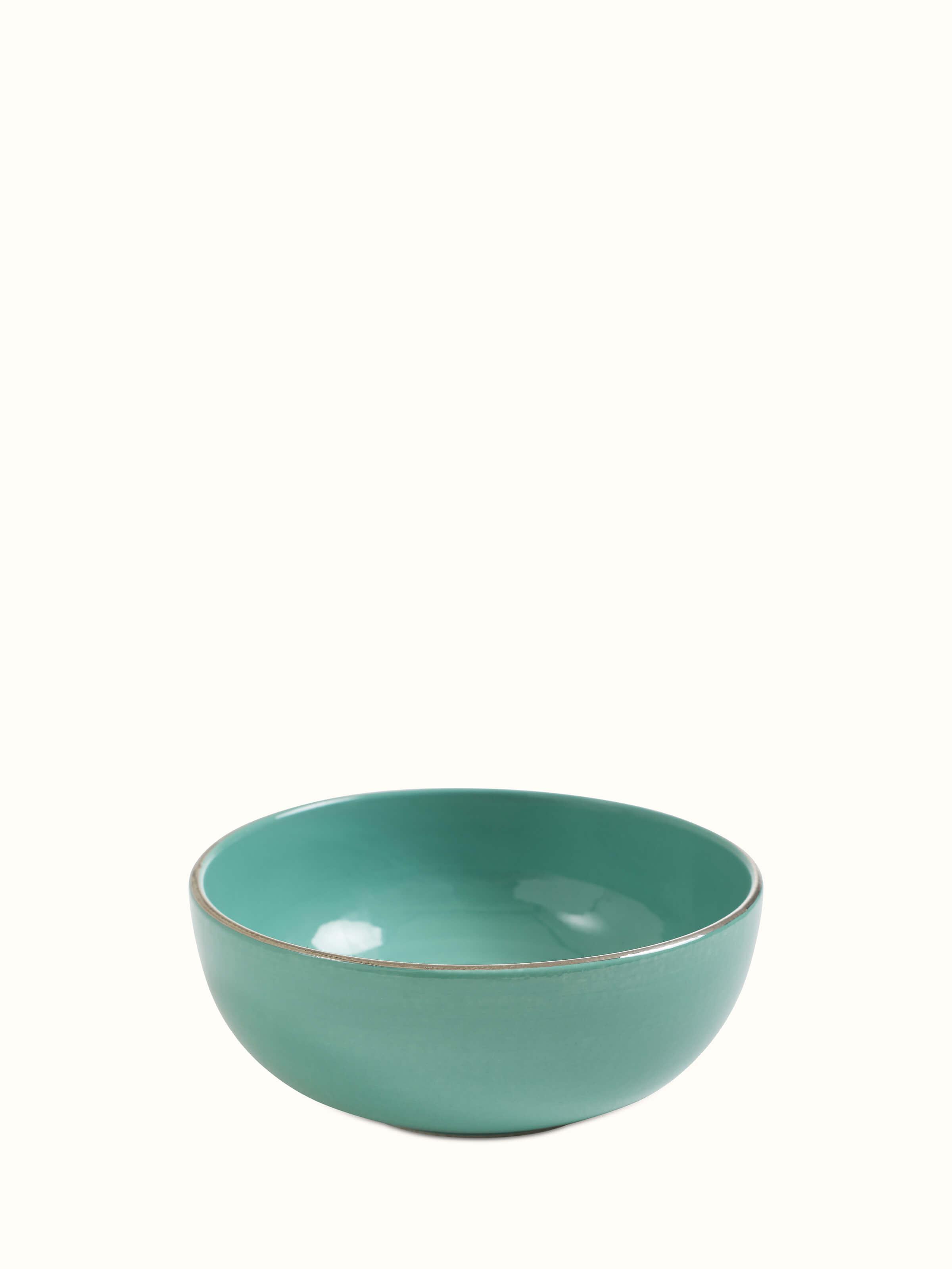 Front view of Khurja pottery ceramic serving bowl in aqua color.