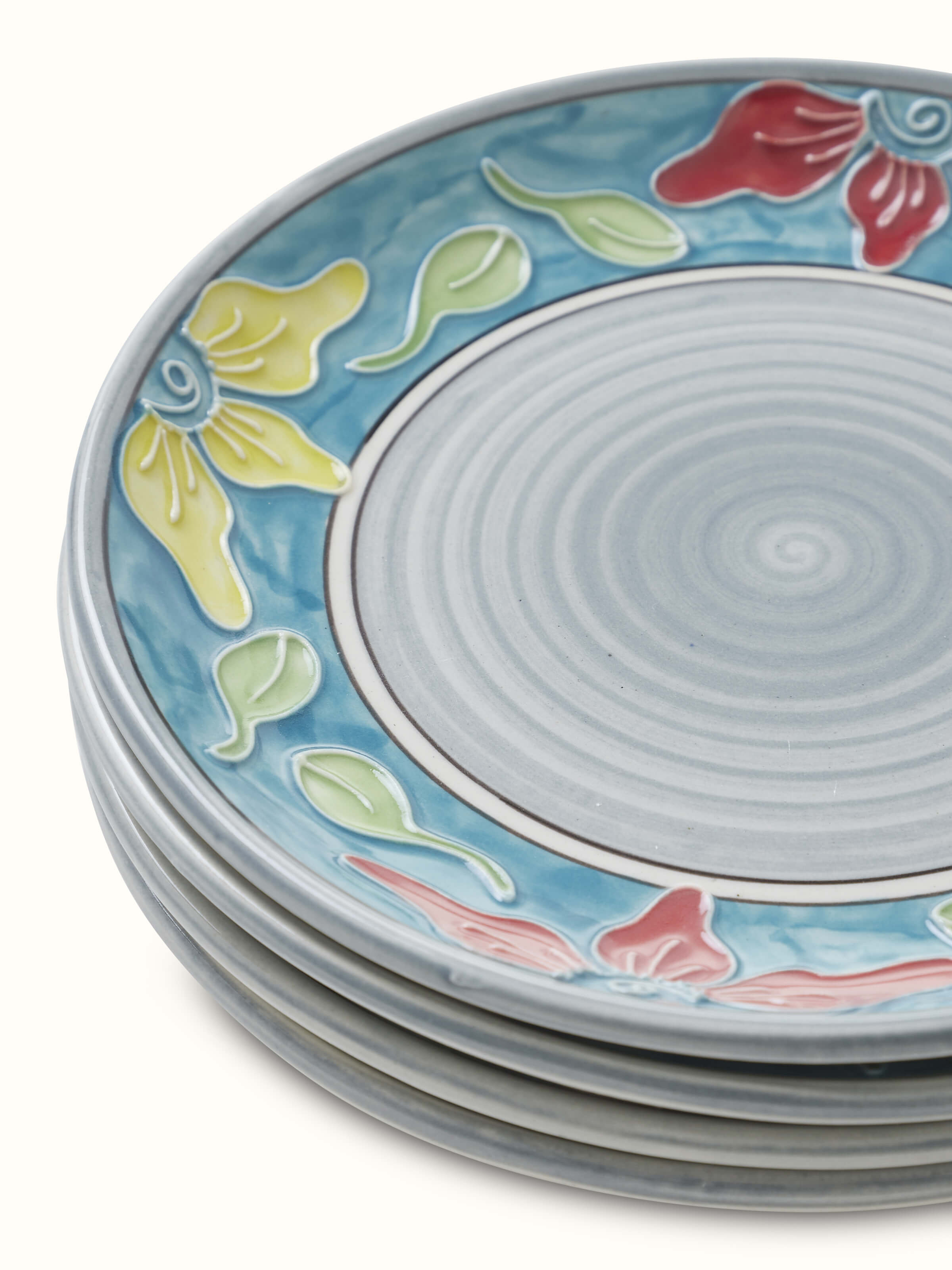 Detailed view of Khurja pottery ceramic salad plates in blue & white, set of 4, showcasing the hand-painted patterns.