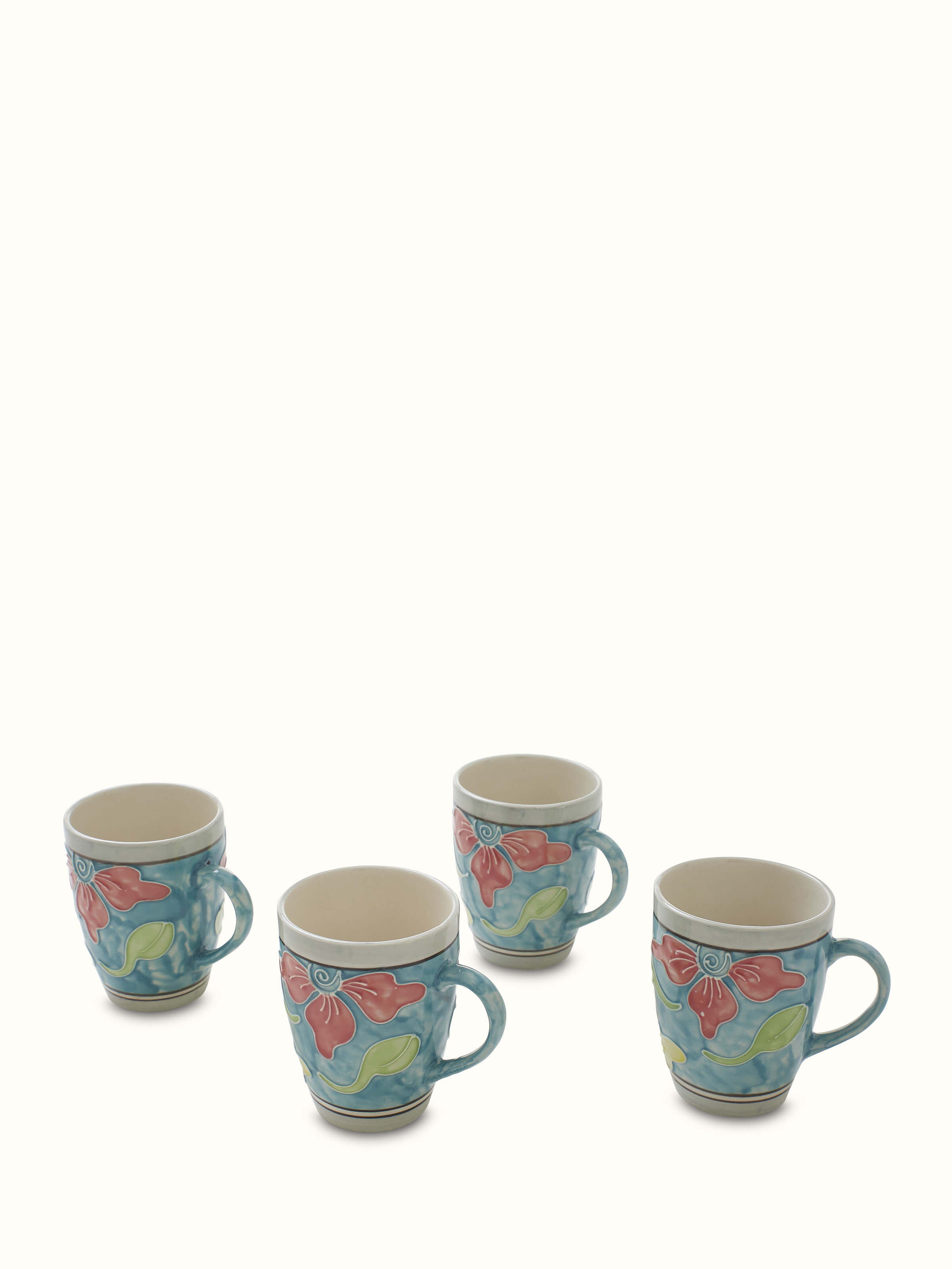 Front view of Khurja pottery ceramic coffee mugs set in blue color