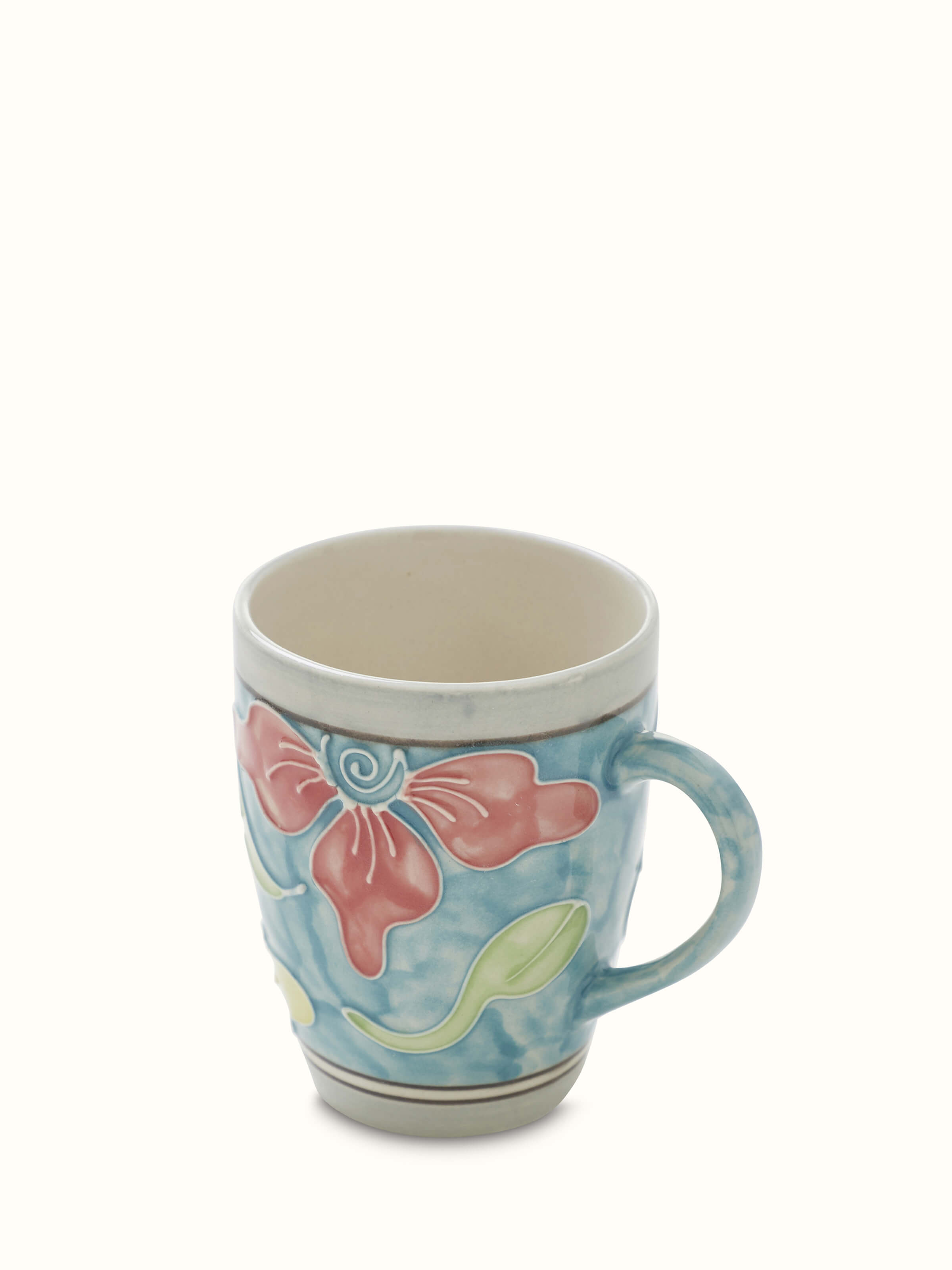 Side view of Khurja pottery ceramic coffee mugs set in blue color showcasing craftsmanship