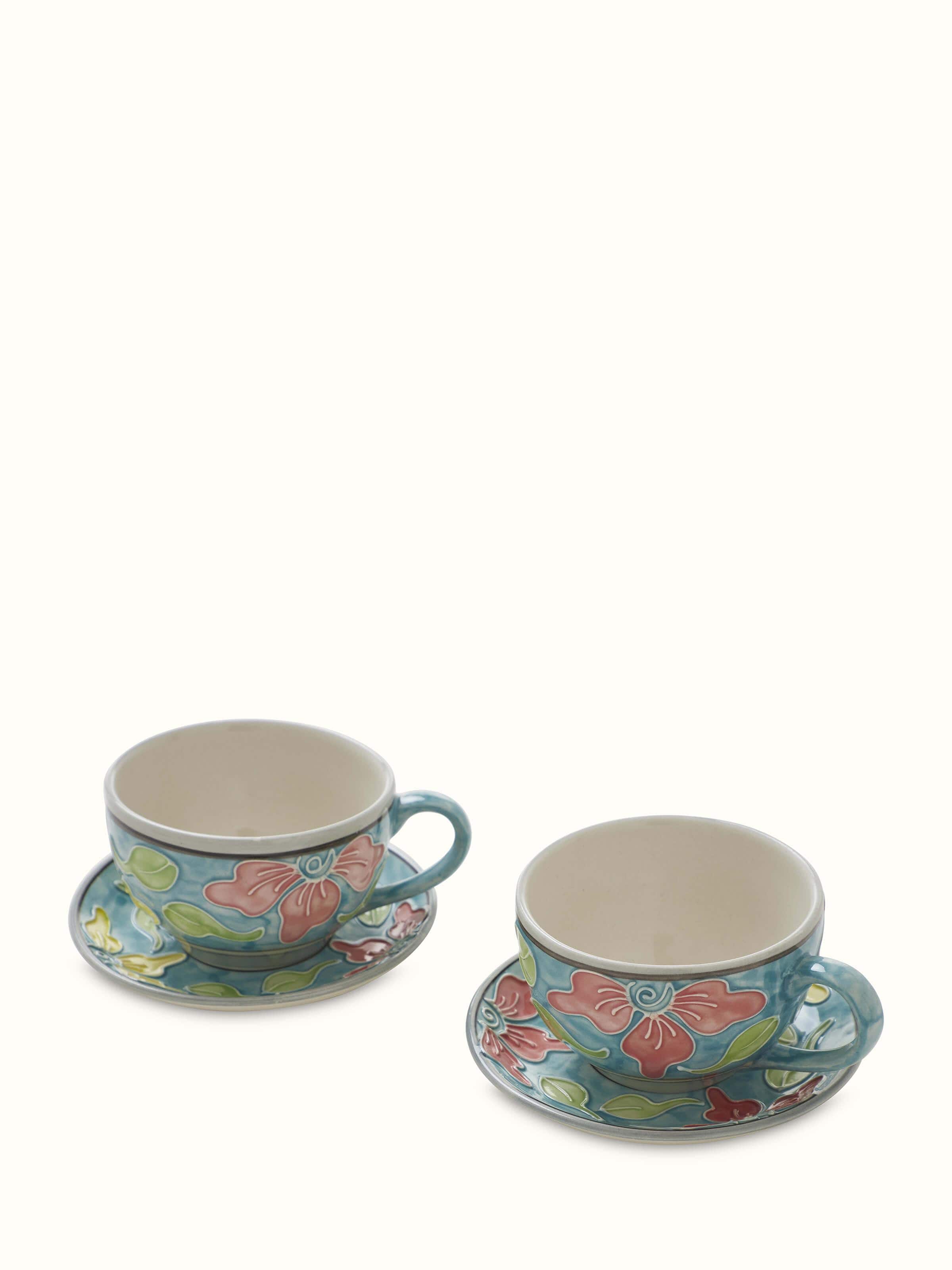 Angled view of Khurja Pottery Ceramic Soup Bowl Set, showcasing intricate designs and craftsmanship (2 pcs)