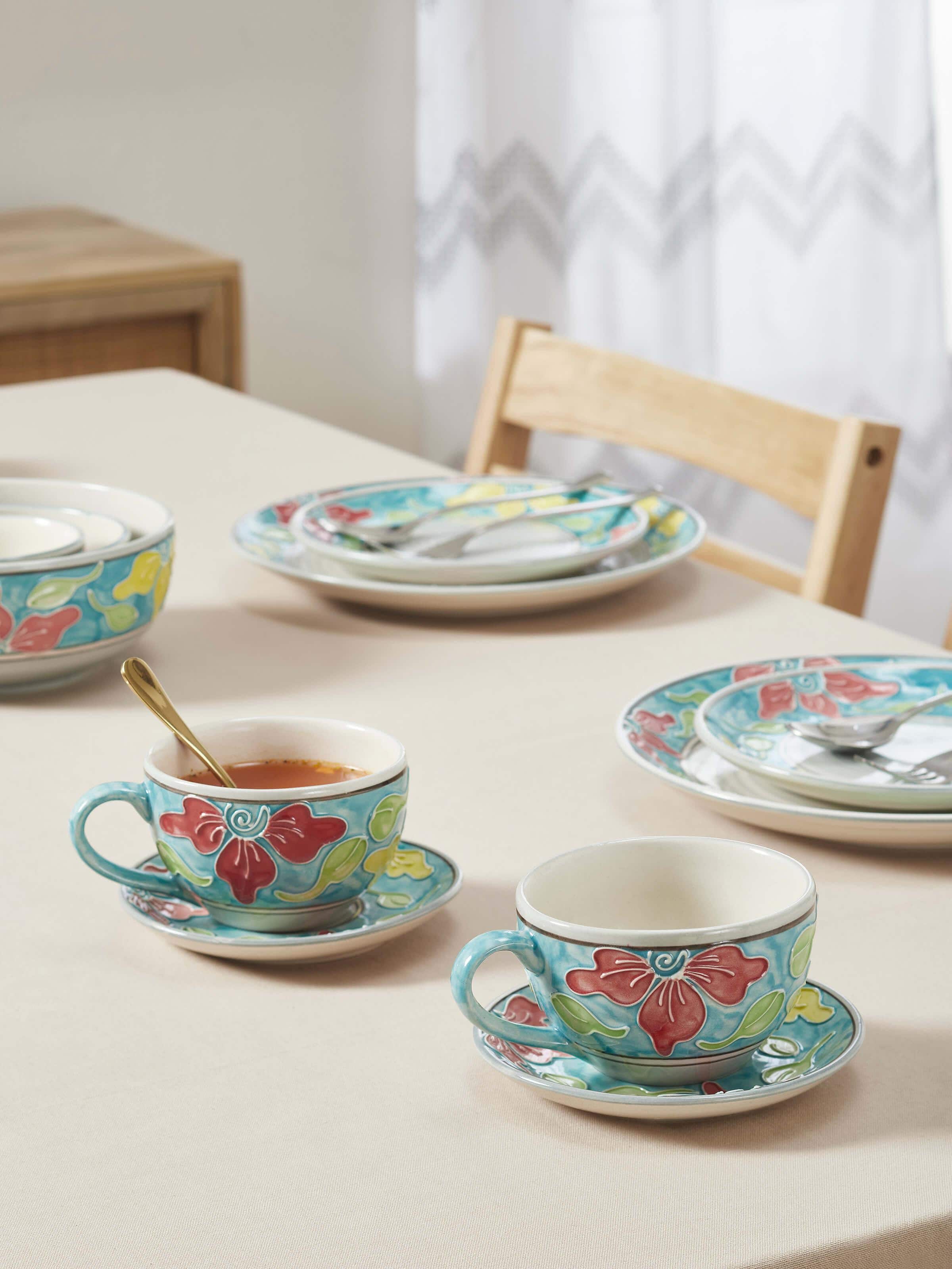 Top view of Khurja Pottery Ceramic Soup Bowl Set, highlighting the vibrant glaze and decorative patterns (2 pcs)