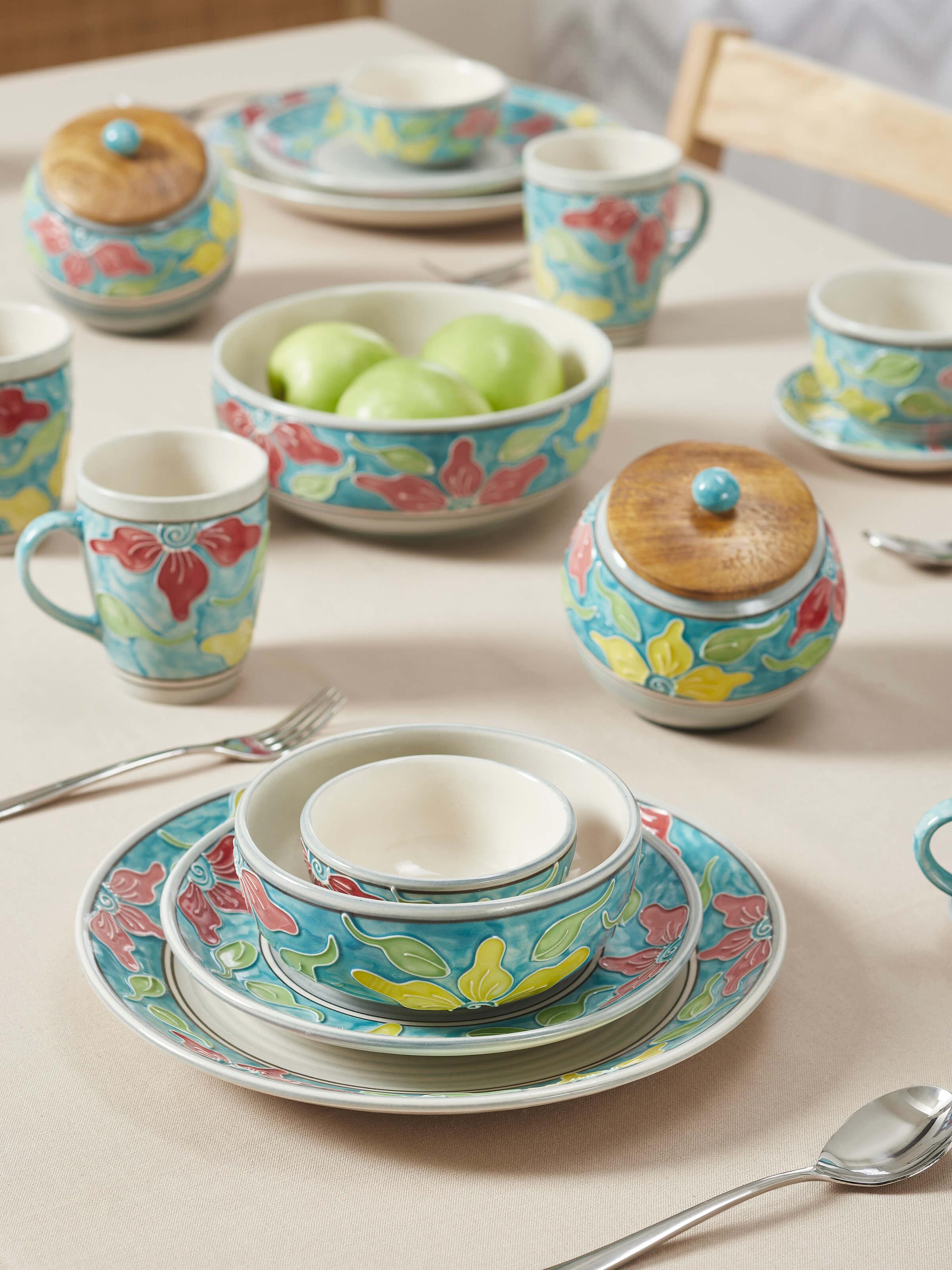 Detailed view of blue Khurja pottery ceramic serving bowl highlighting its traditional design elements