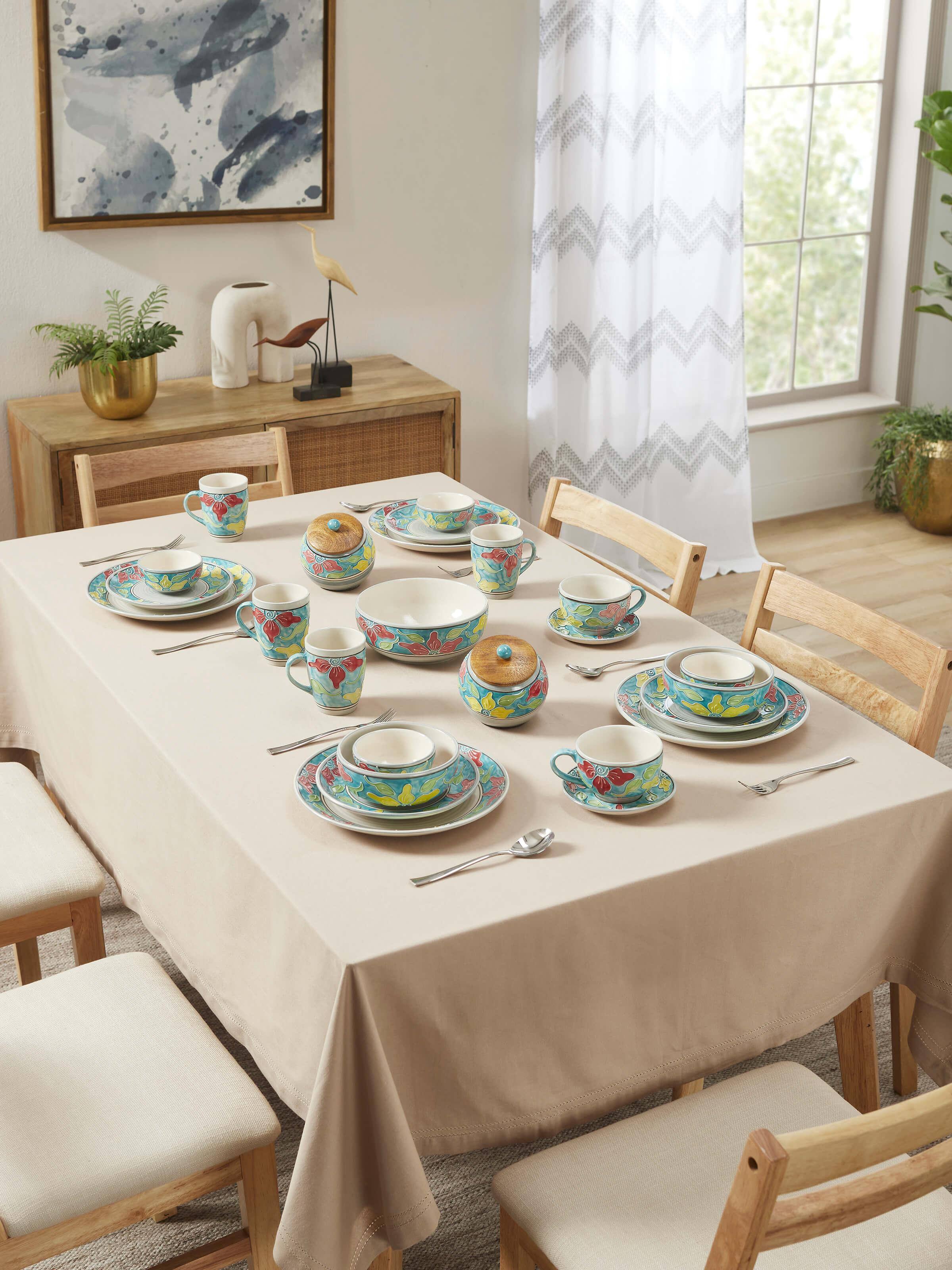 Angle view of blue Khurja pottery ceramic serving bowl showing its vibrant color and elegant design