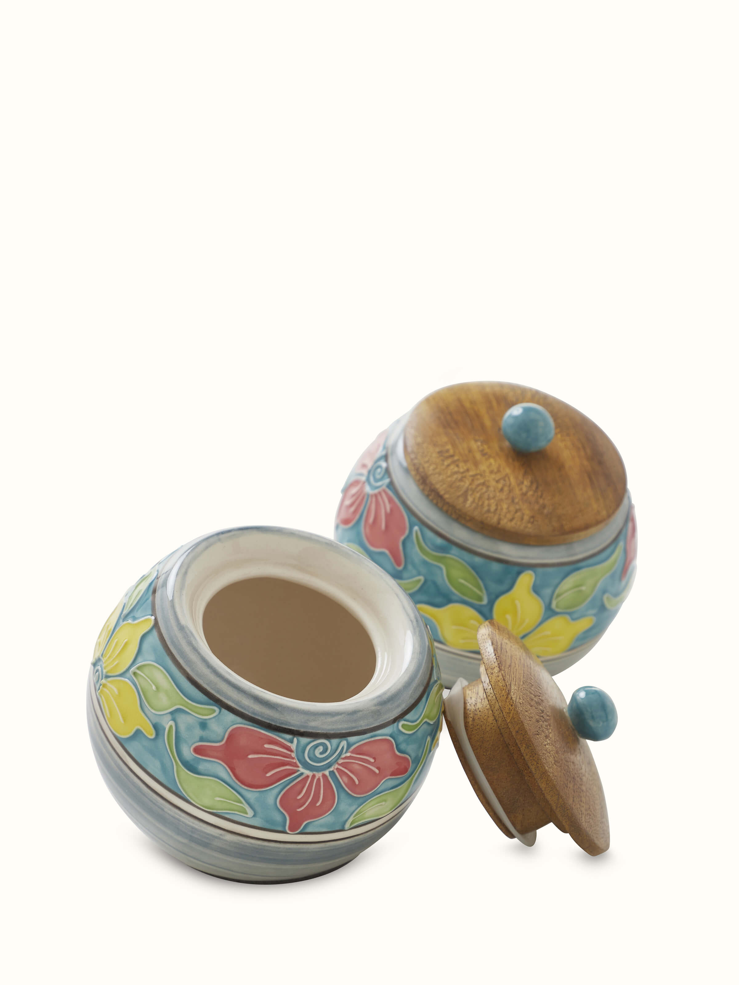 Top view of Khurja pottery ceramic jars (2 pcs) highlighting lid design and jar body