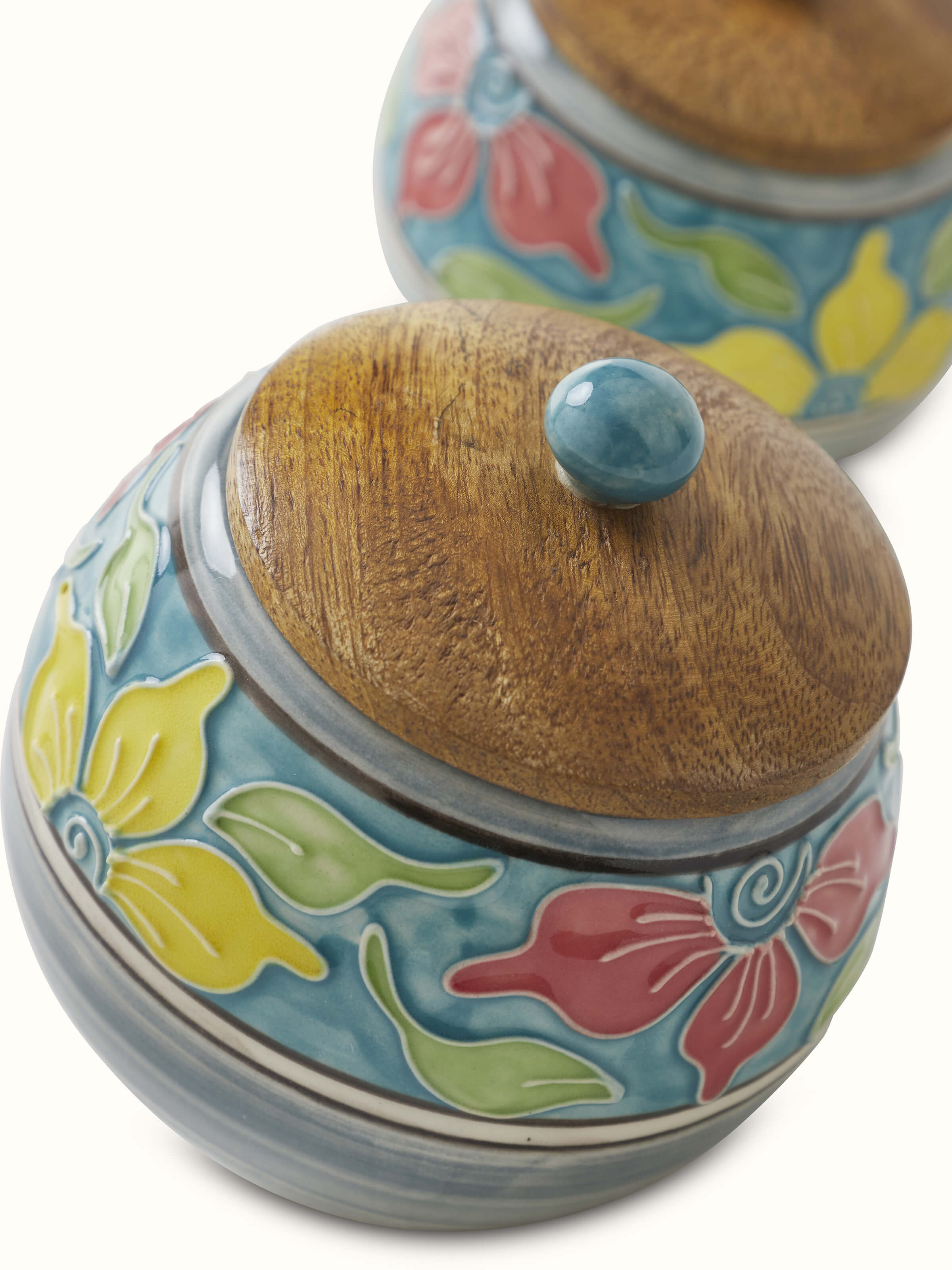 Detailed close-up of Khurja pottery ceramic jars (2 pcs) focusing on texture and color