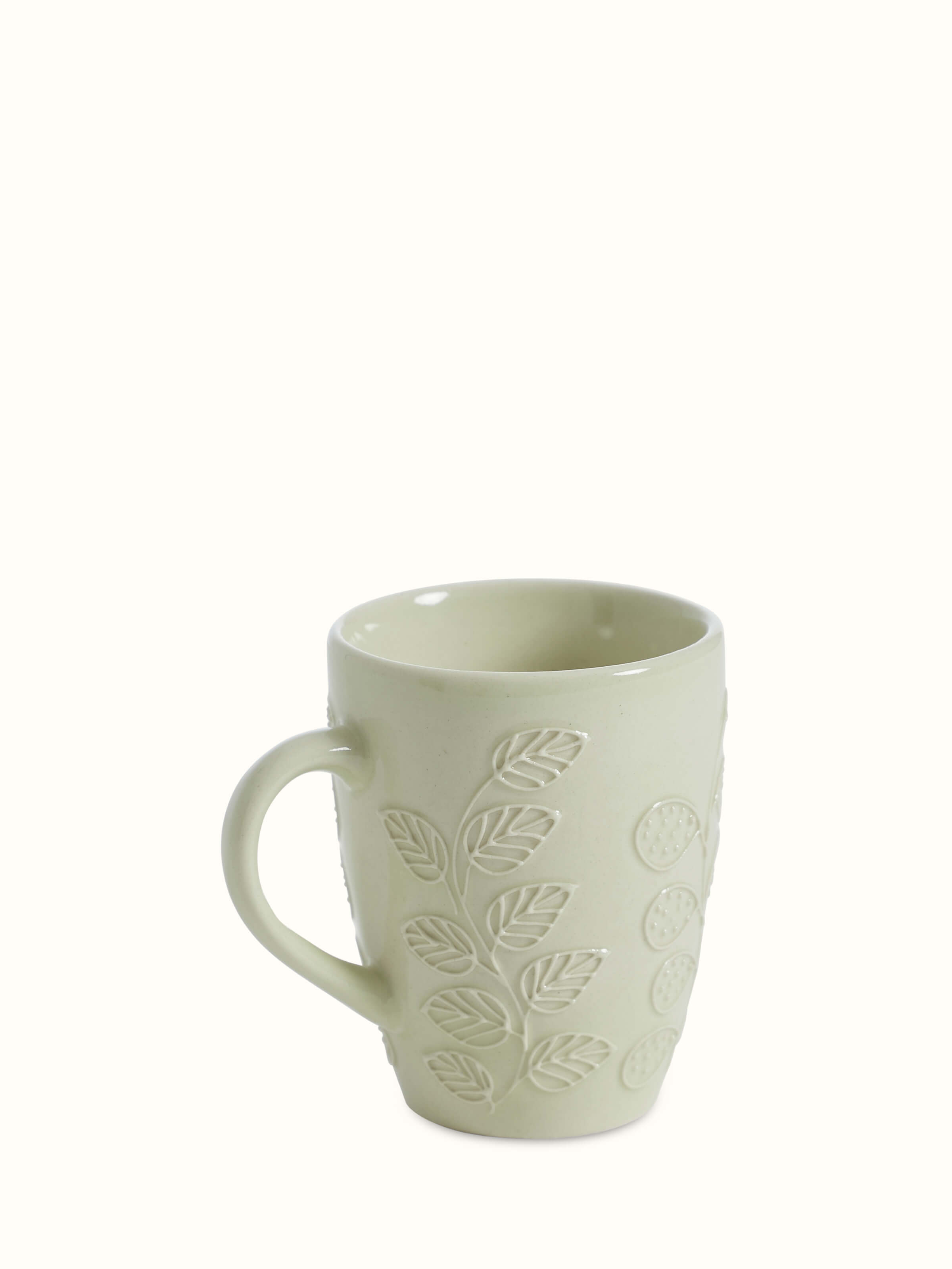 Top view of Khurja pottery ceramic simple coffee mugs in white, revealing the smooth rim and clean design