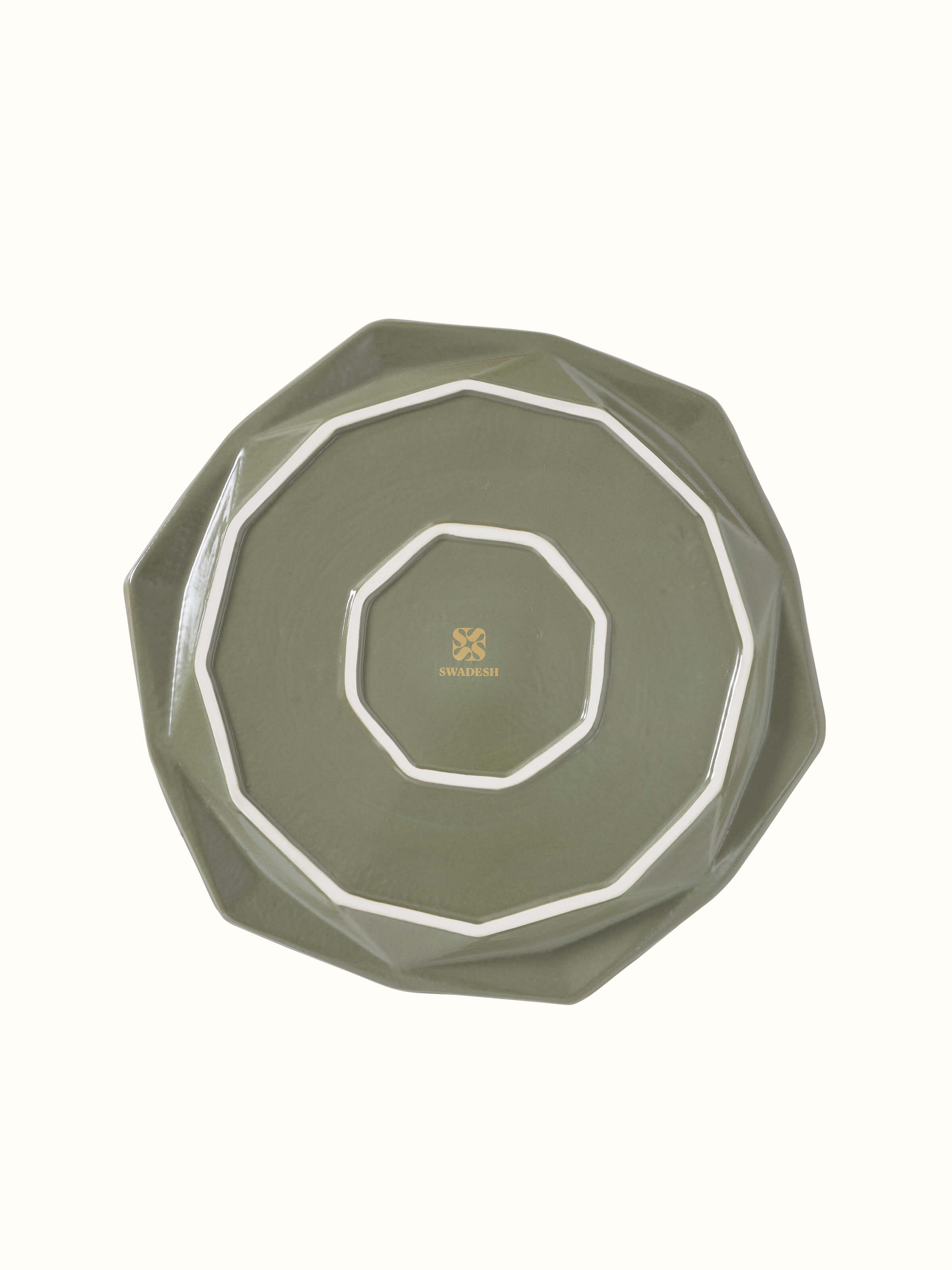 Back view of Khurja pottery ceramic dinner plates showing base design and color consistency.