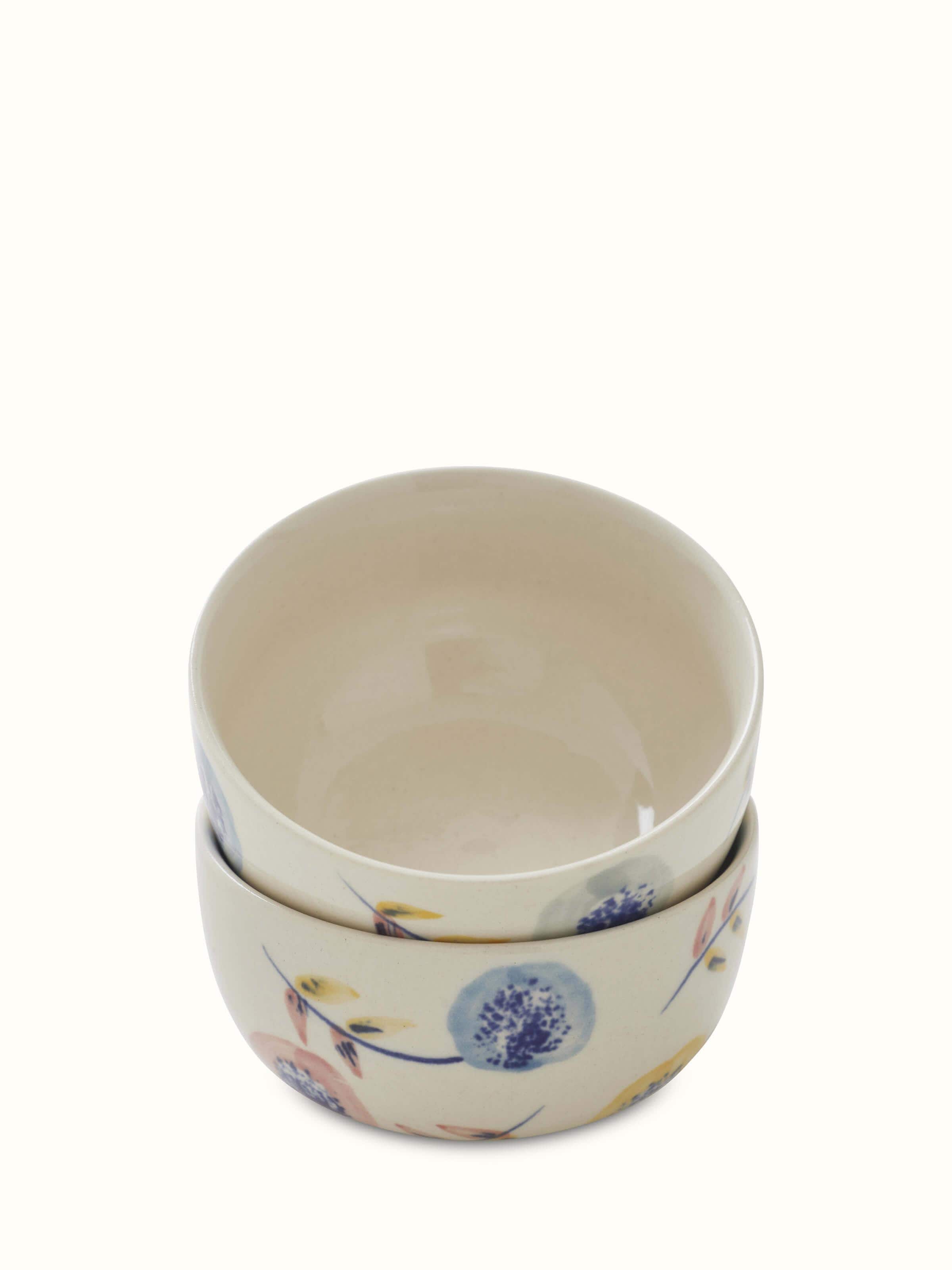 Front view of Khurja pottery ceramic soup bowls (2 pcs) with traditional design