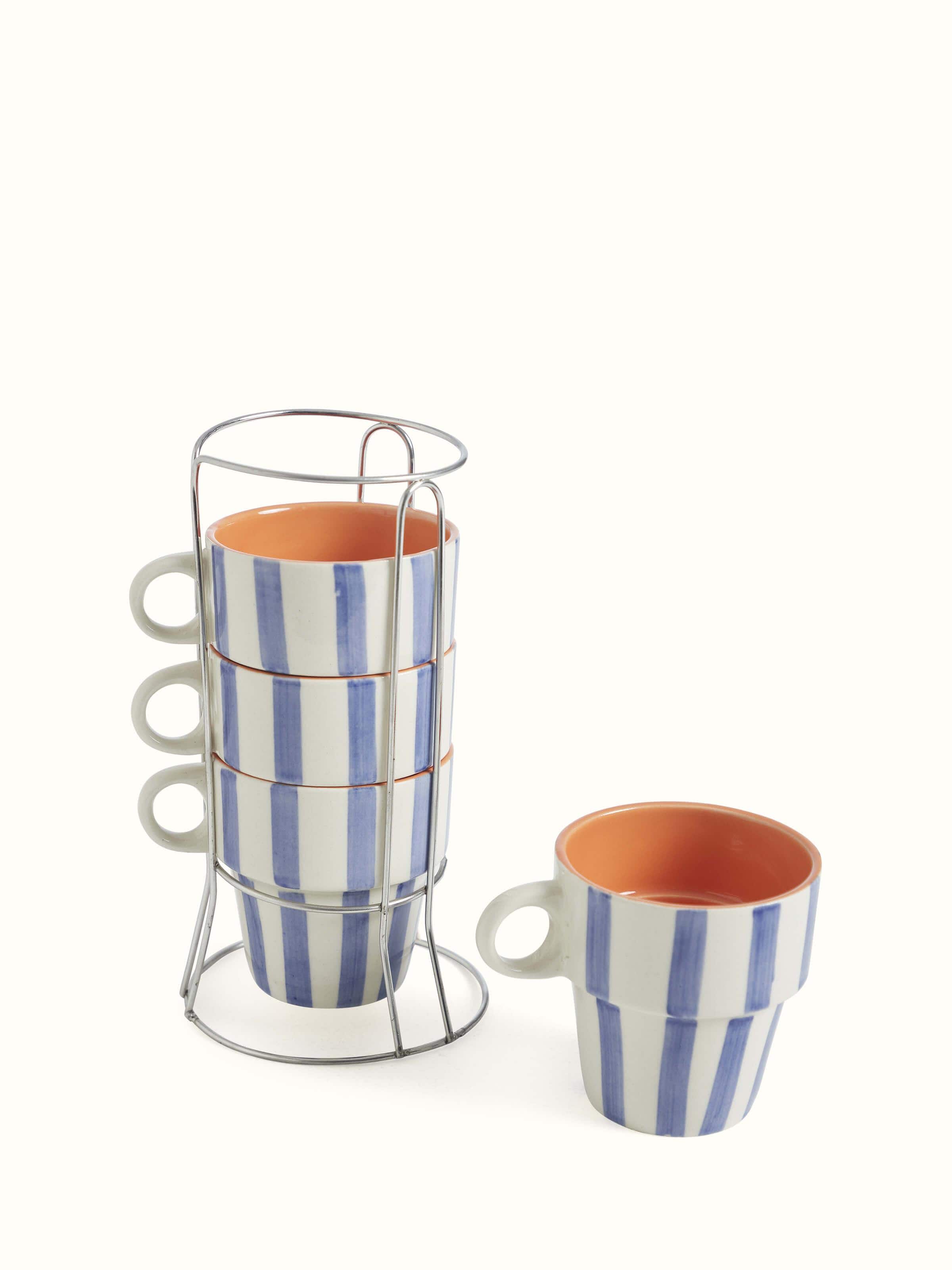 Top view of Khurja pottery ceramic coffee mugs in blue & white (4 pcs) showcasing the unique rim and glaze pattern.