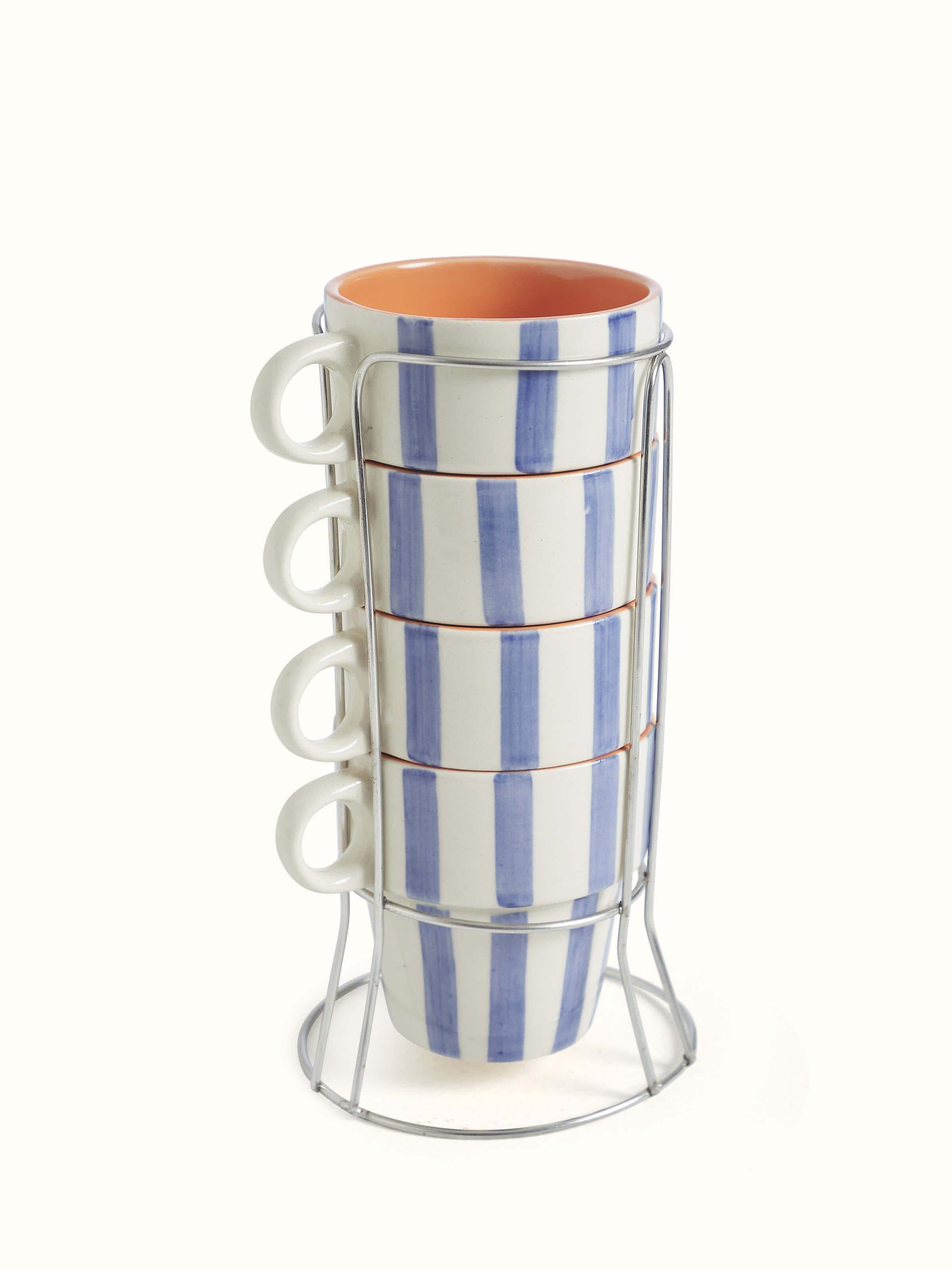 Front view of Khurja pottery ceramic coffee mugs in blue & white (4 pcs) showcasing the classic blue and white design.