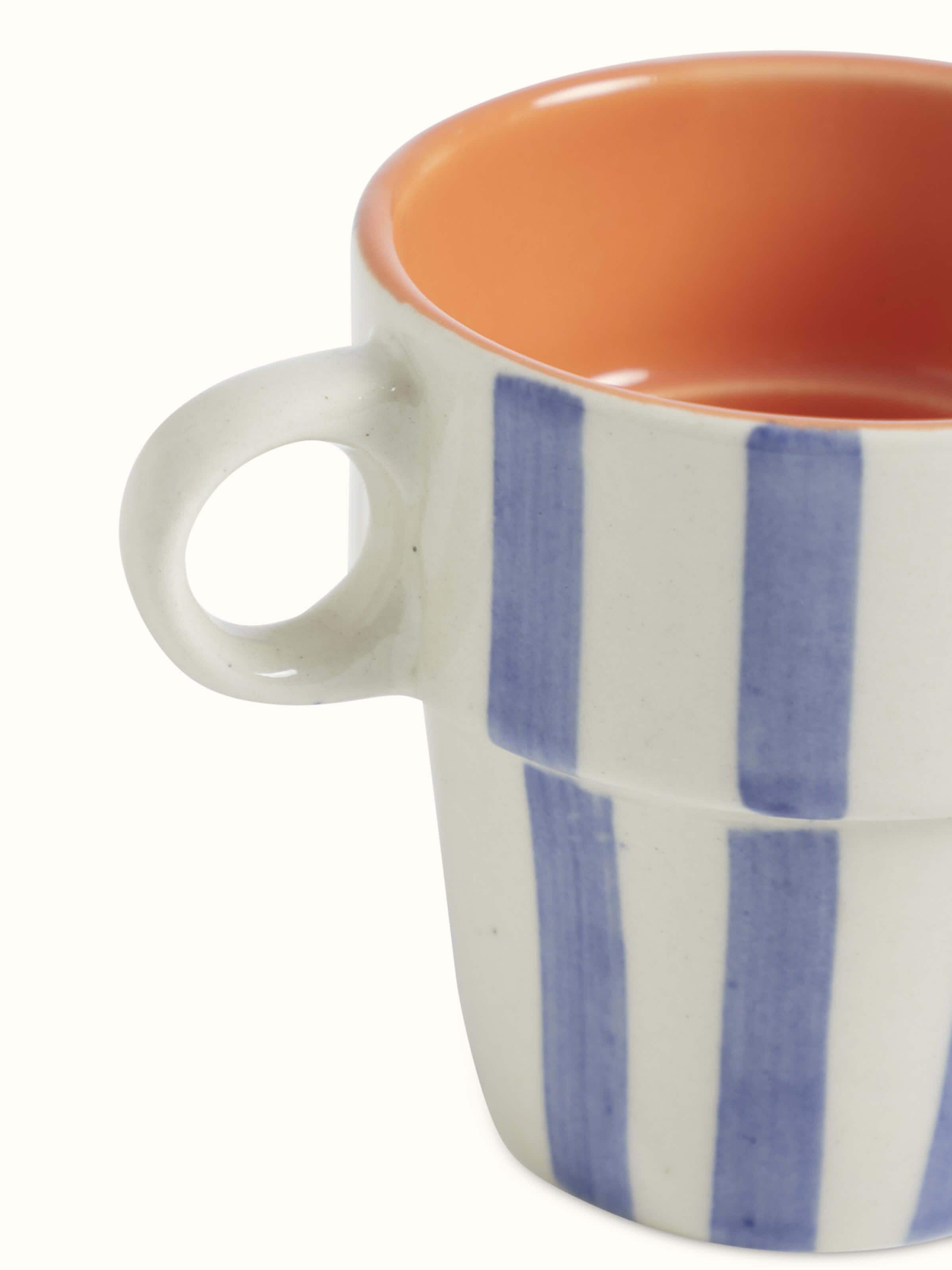 Detailed view of Khurja pottery ceramic coffee mugs in blue & white (4 pcs) focusing on the intricate patterns and design.