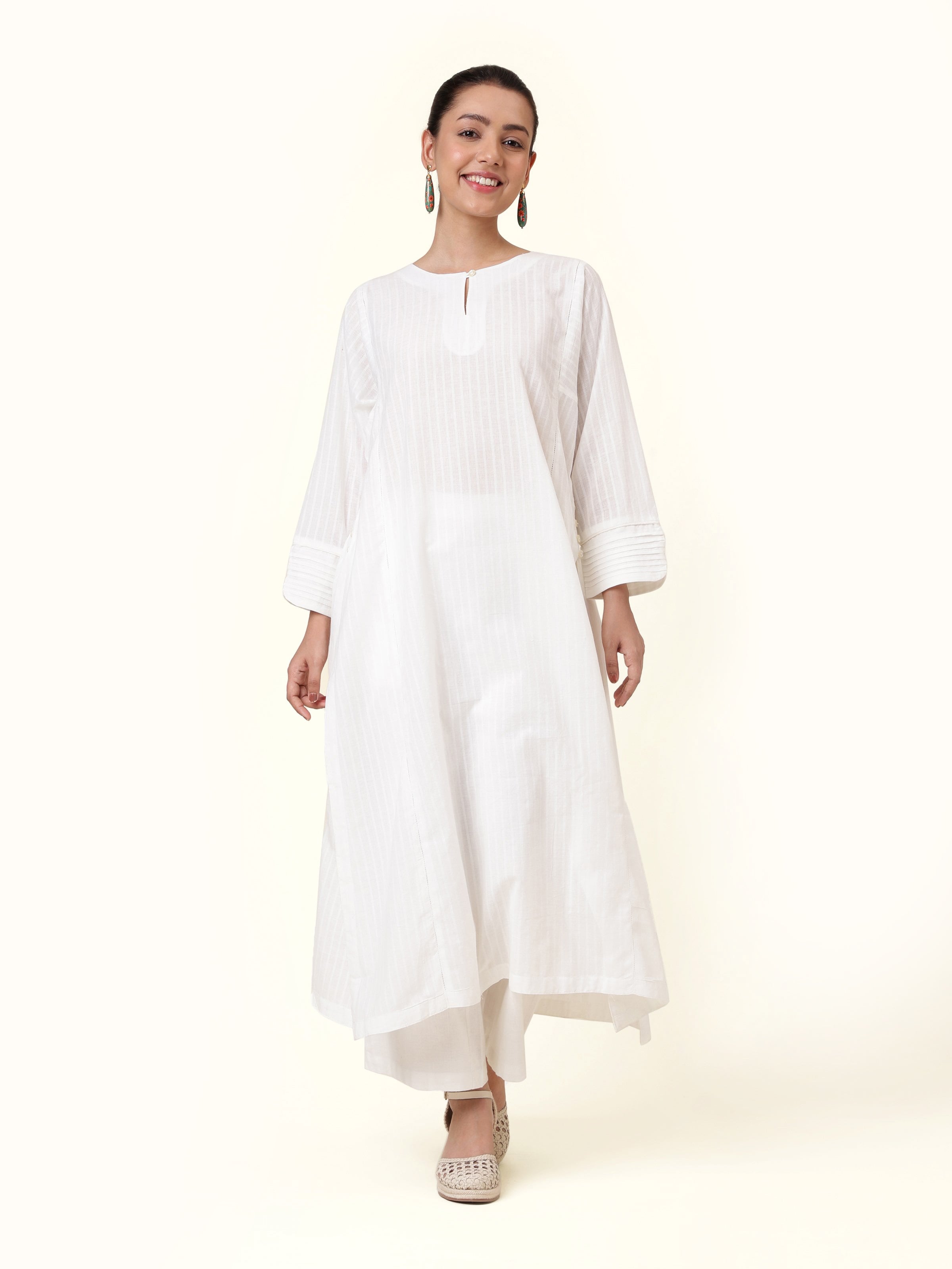 Front view of White Cotton Hand-spun Long Kurta with Pleated Cuff showing crisp white cotton and pleated cuff detail