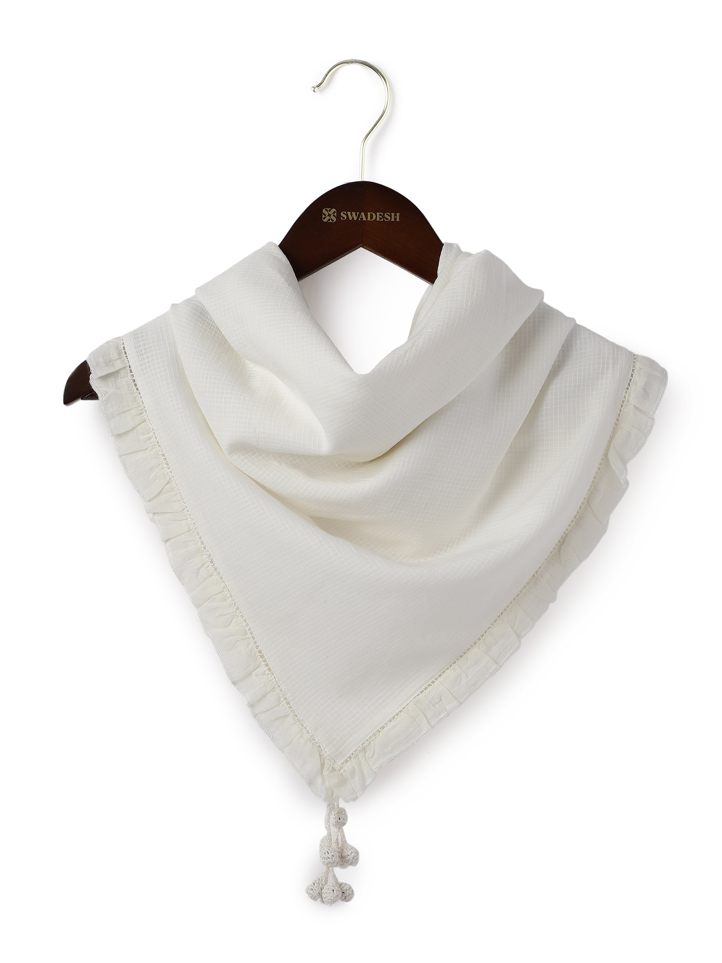 Front view showcasing the pure white hand-spun cotton stole with a minimalistic charm.