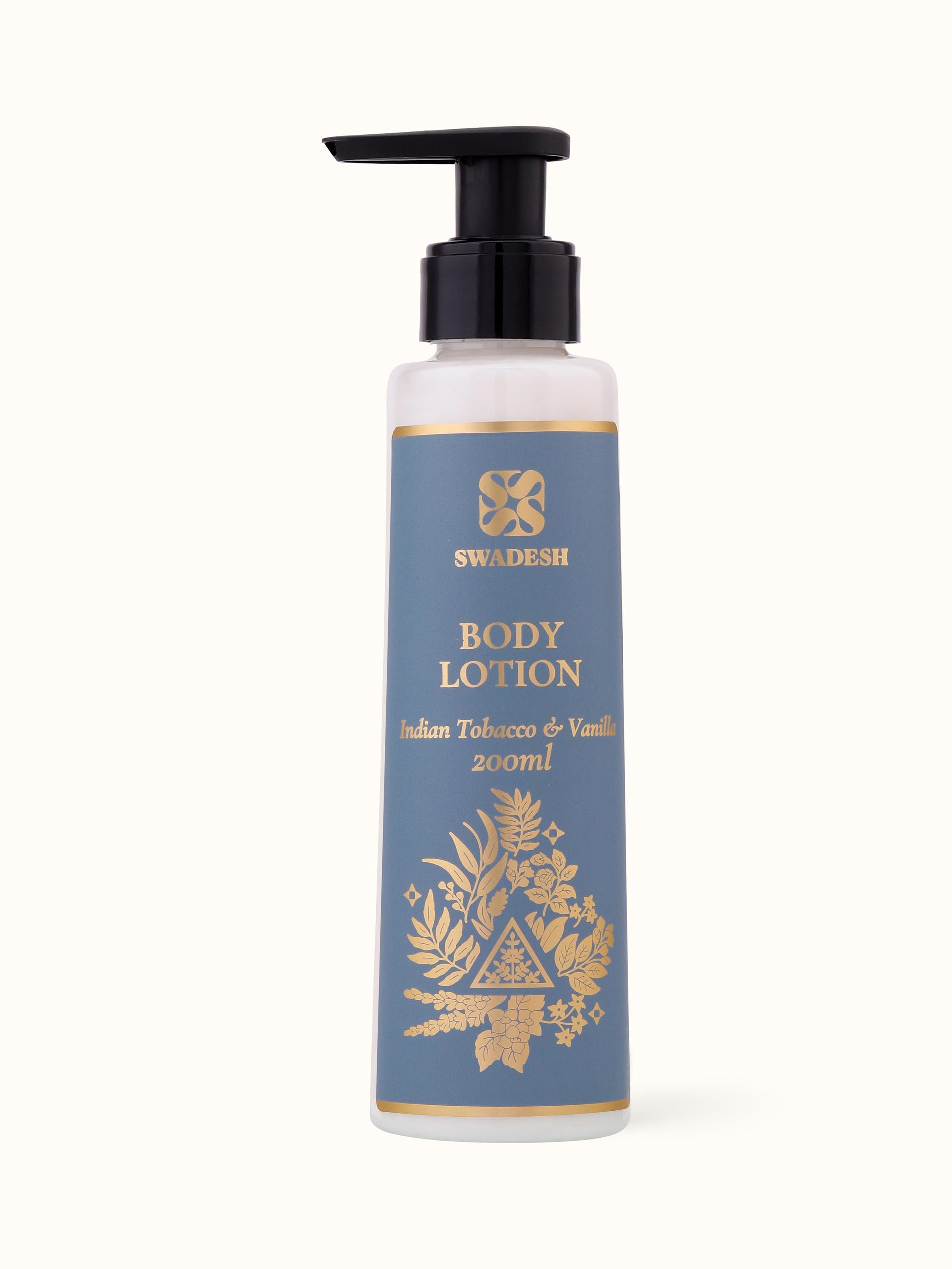 Front view of Body Lotion Indian Tobacco & Vanilla, showcasing the full bottle with clear labeling and design details.
