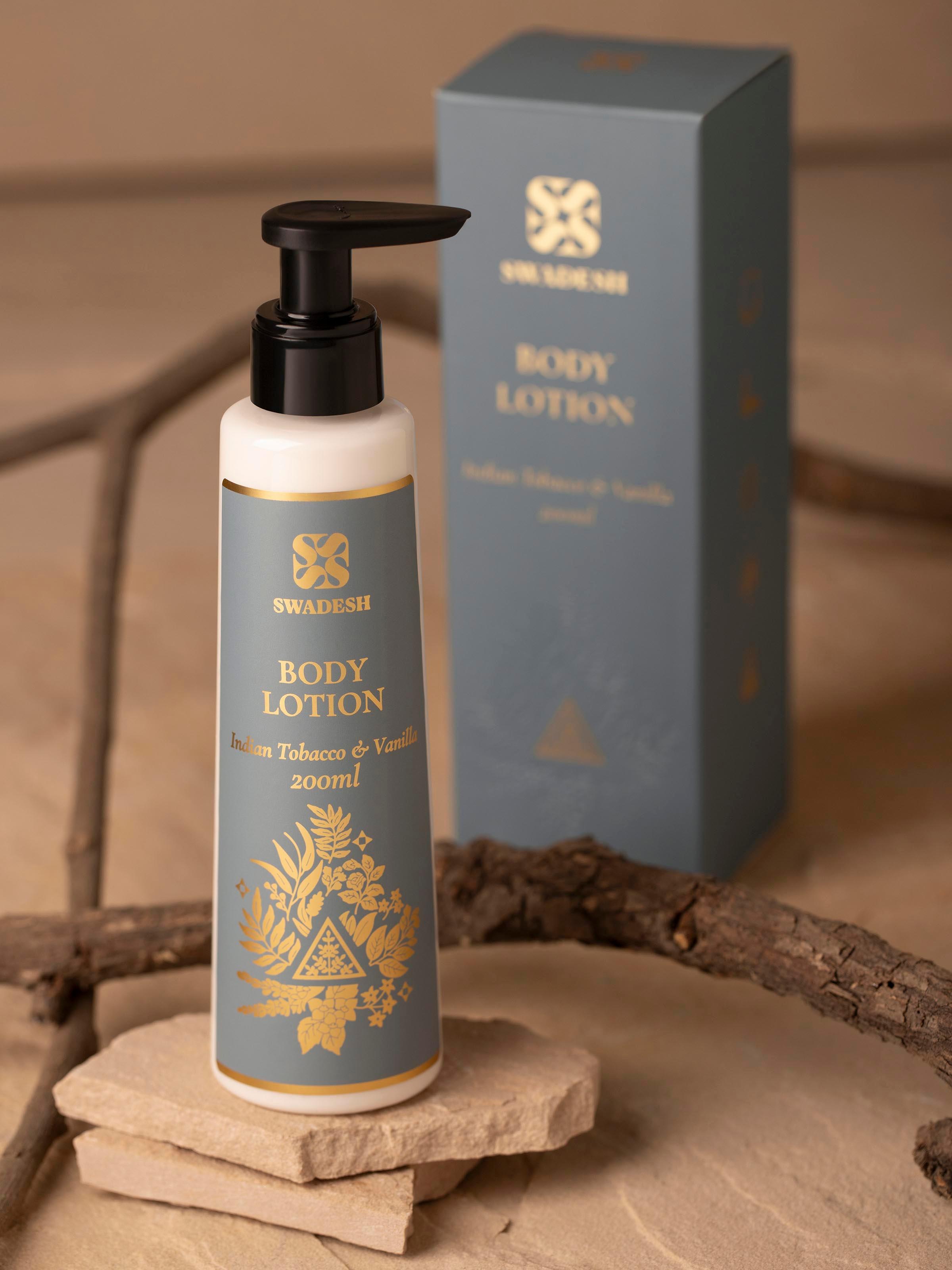 Close-up view of Body Lotion Indian Tobacco & Vanilla, focusing on the label and product design.