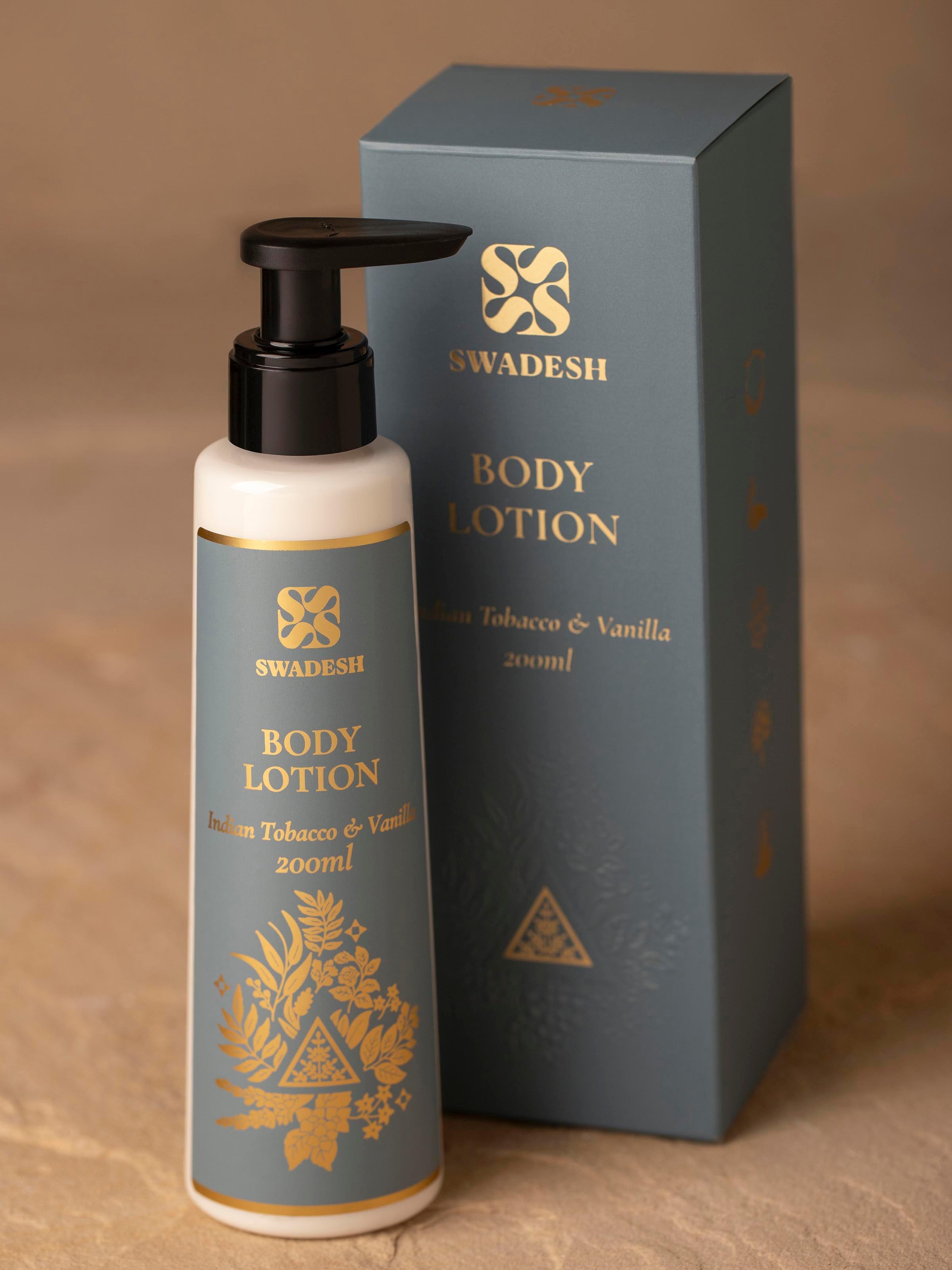 Detailed close-up of Body Lotion Indian Tobacco & Vanilla, highlighting the product's front label and branding elements.