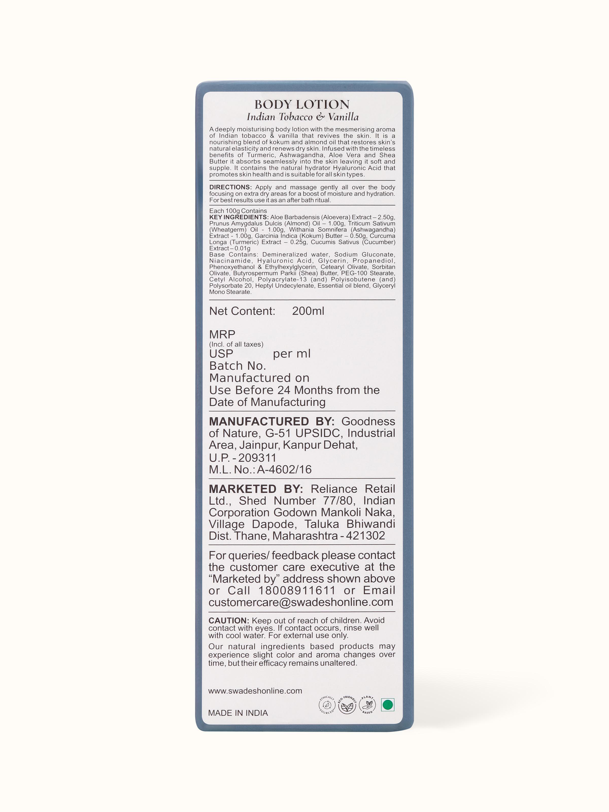 Detailed view of Body Lotion Indian Tobacco & Vanilla highlighting its rich texture and soothing properties