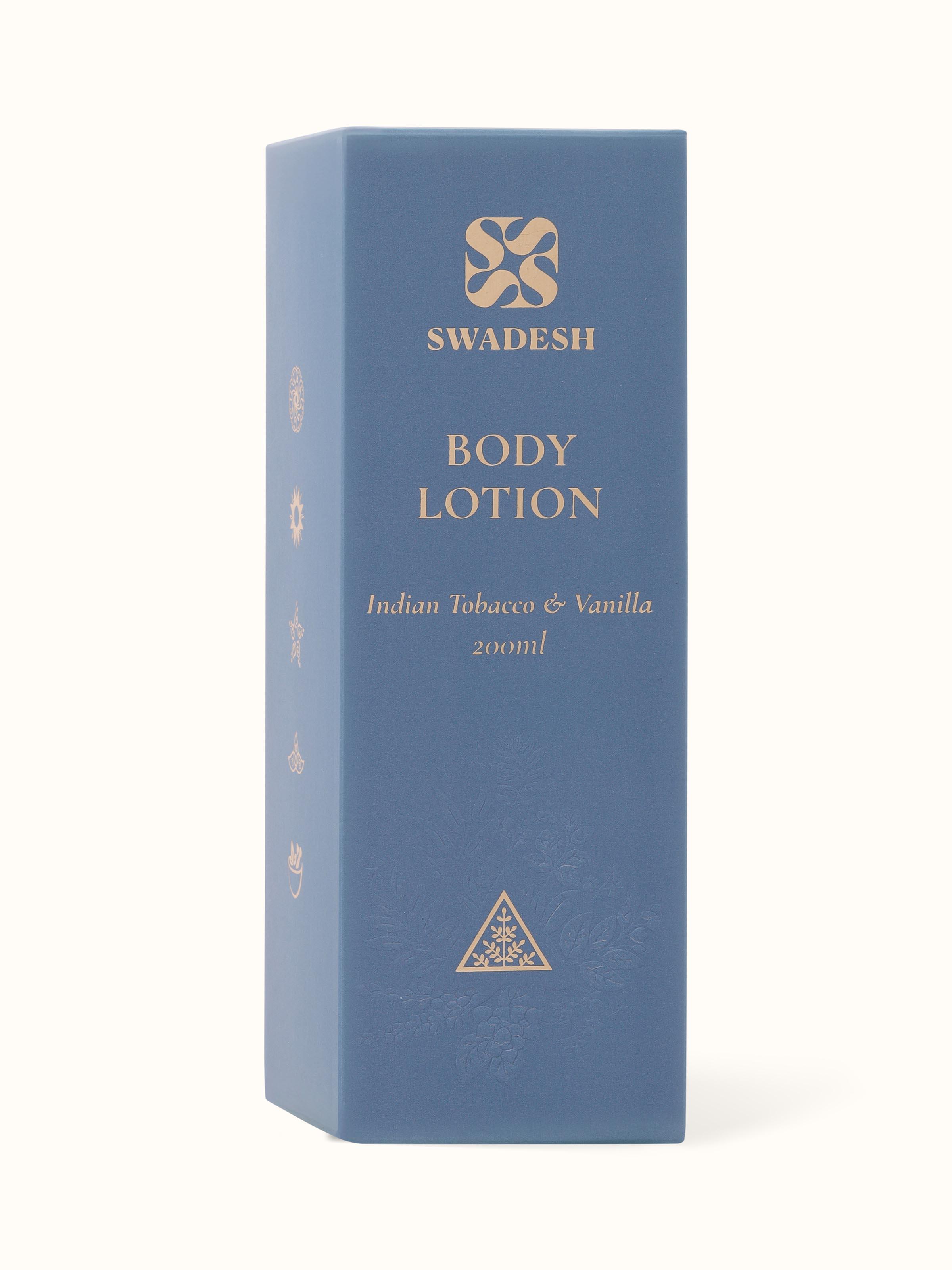 Side view of Body Lotion Indian Tobacco & Vanilla, displaying the side panel with additional product information.
