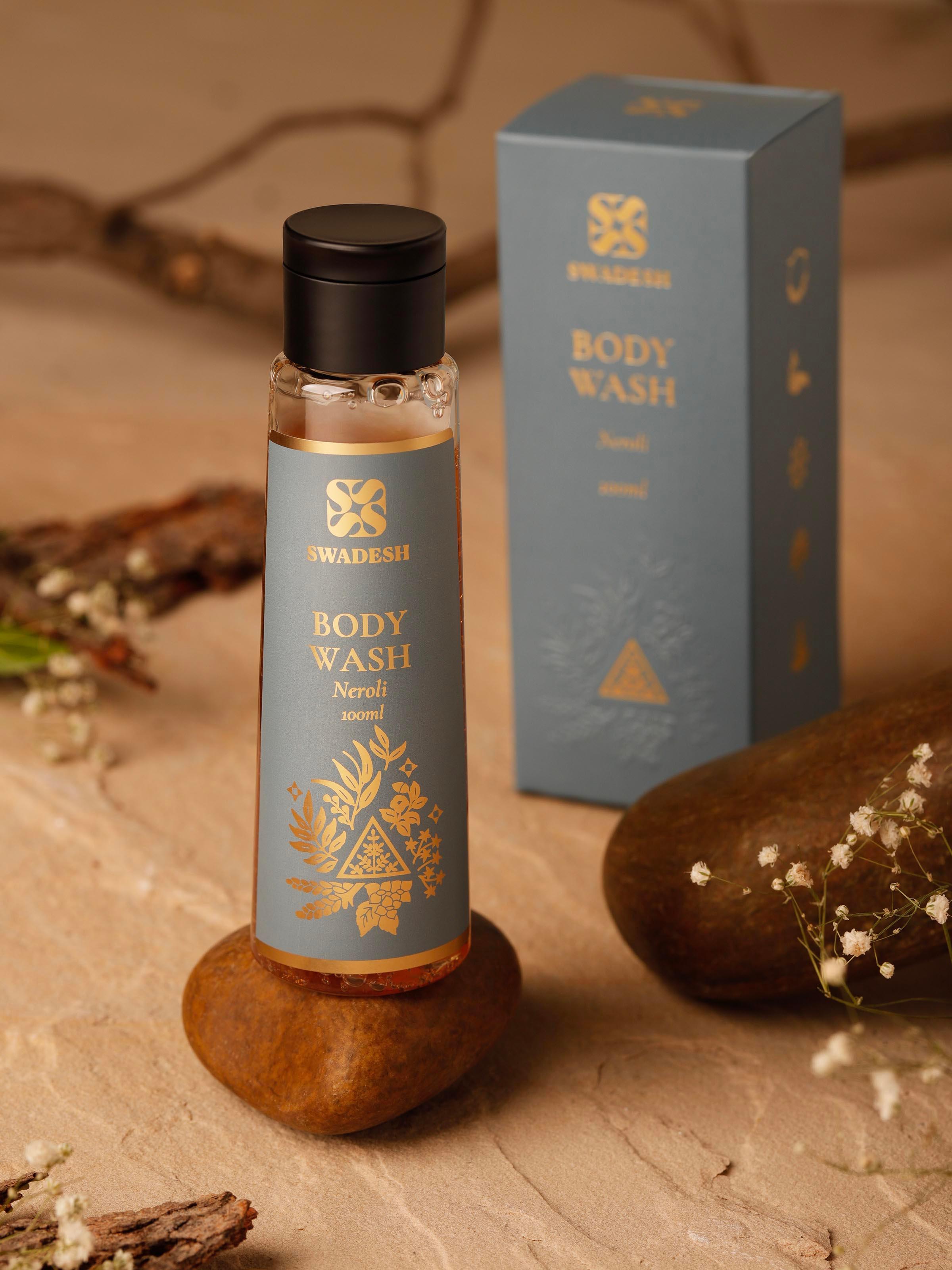 Close-up of Body Wash Neroli bottle highlighting the detailed label and cap