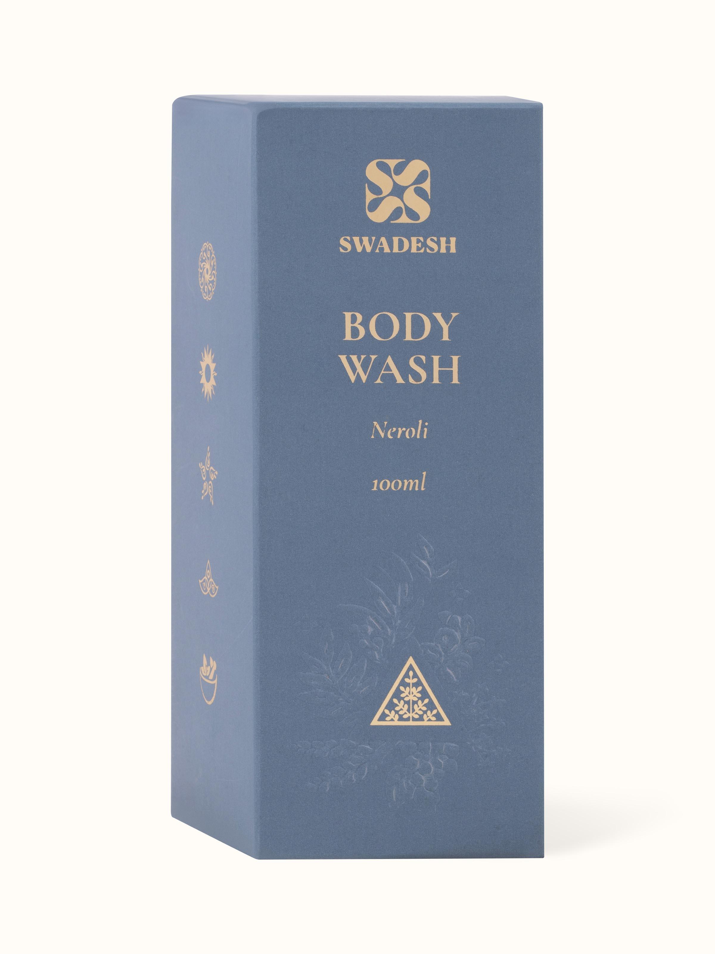 Side view of Body Wash Neroli bottle displaying the label and packaging details