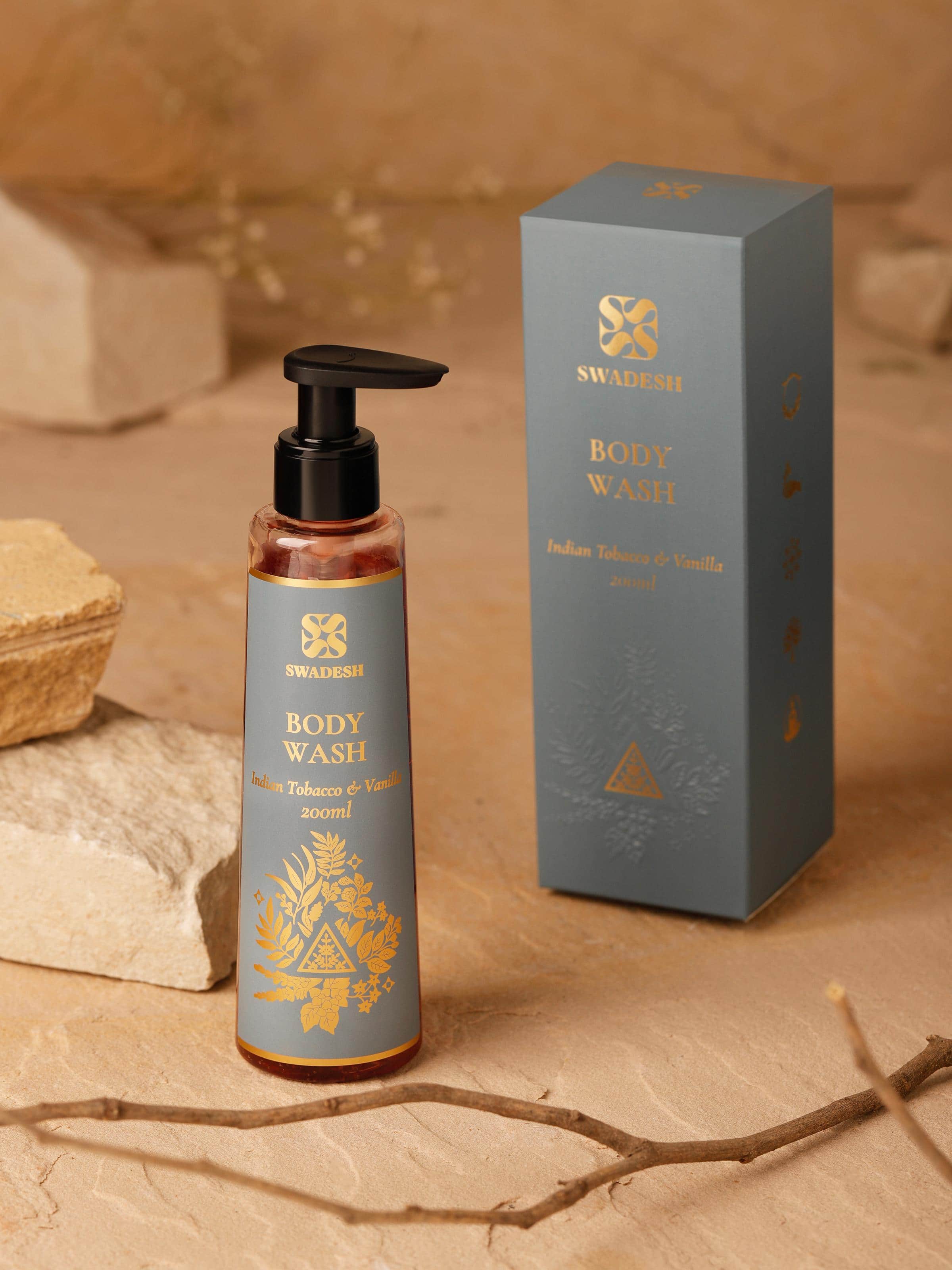 Side view of Body Wash Indian Tobacco & Vanilla highlighting label details.