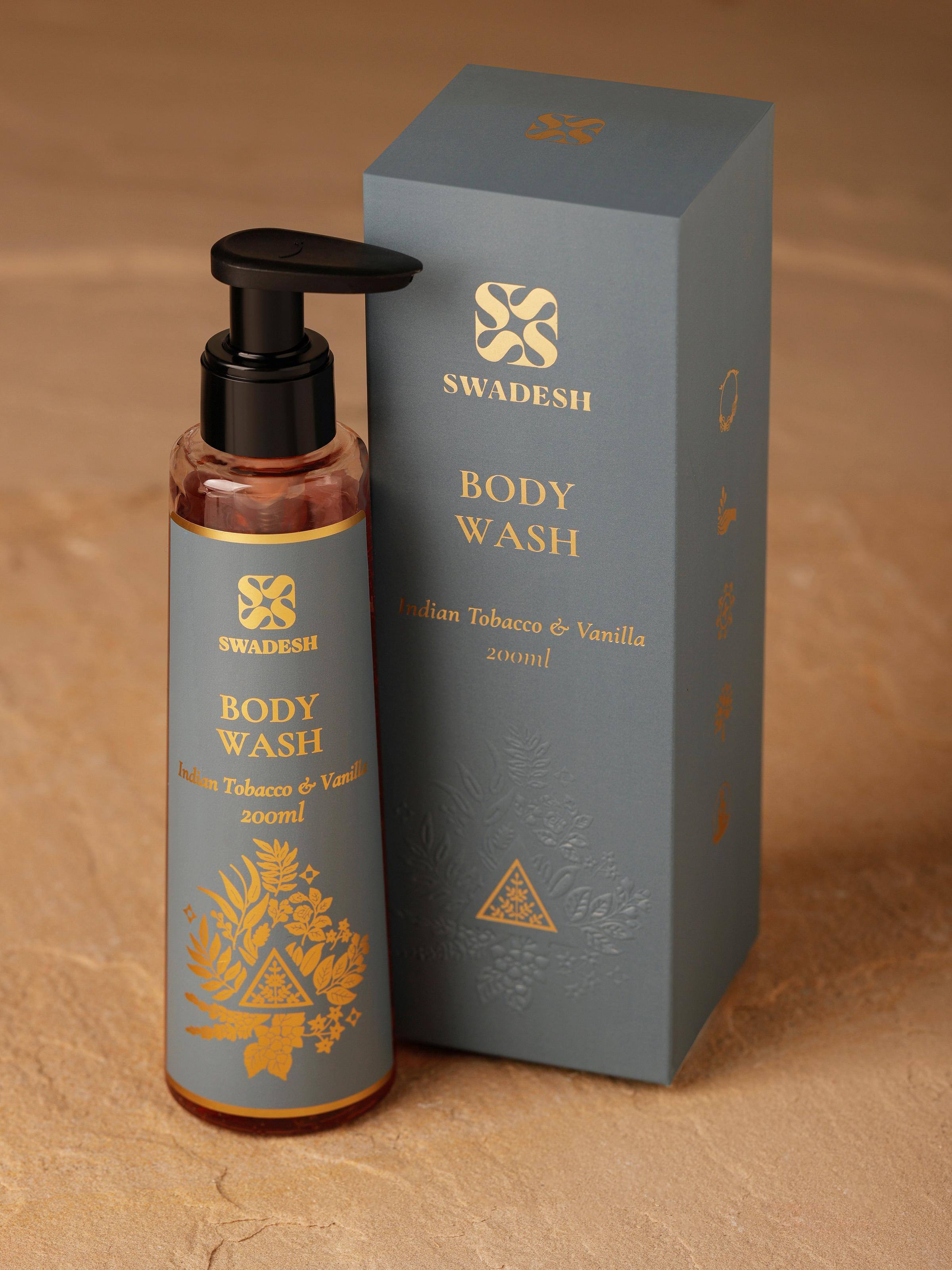 Close-up of Body Wash Indian Tobacco & Vanilla emphasizing the packaging texture.