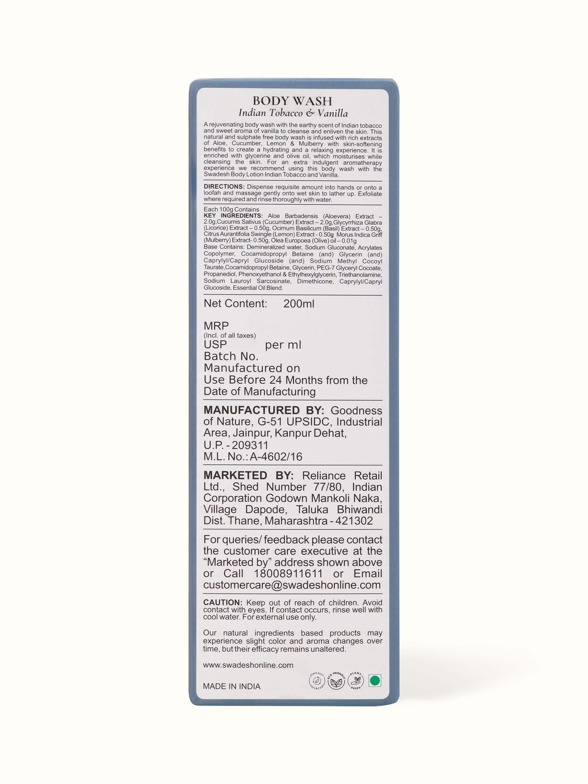 Side view of Swadesh Body Wash with Indian Tobacco & Vanilla, highlighting the fragrant blend for a luxurious bathing experience.