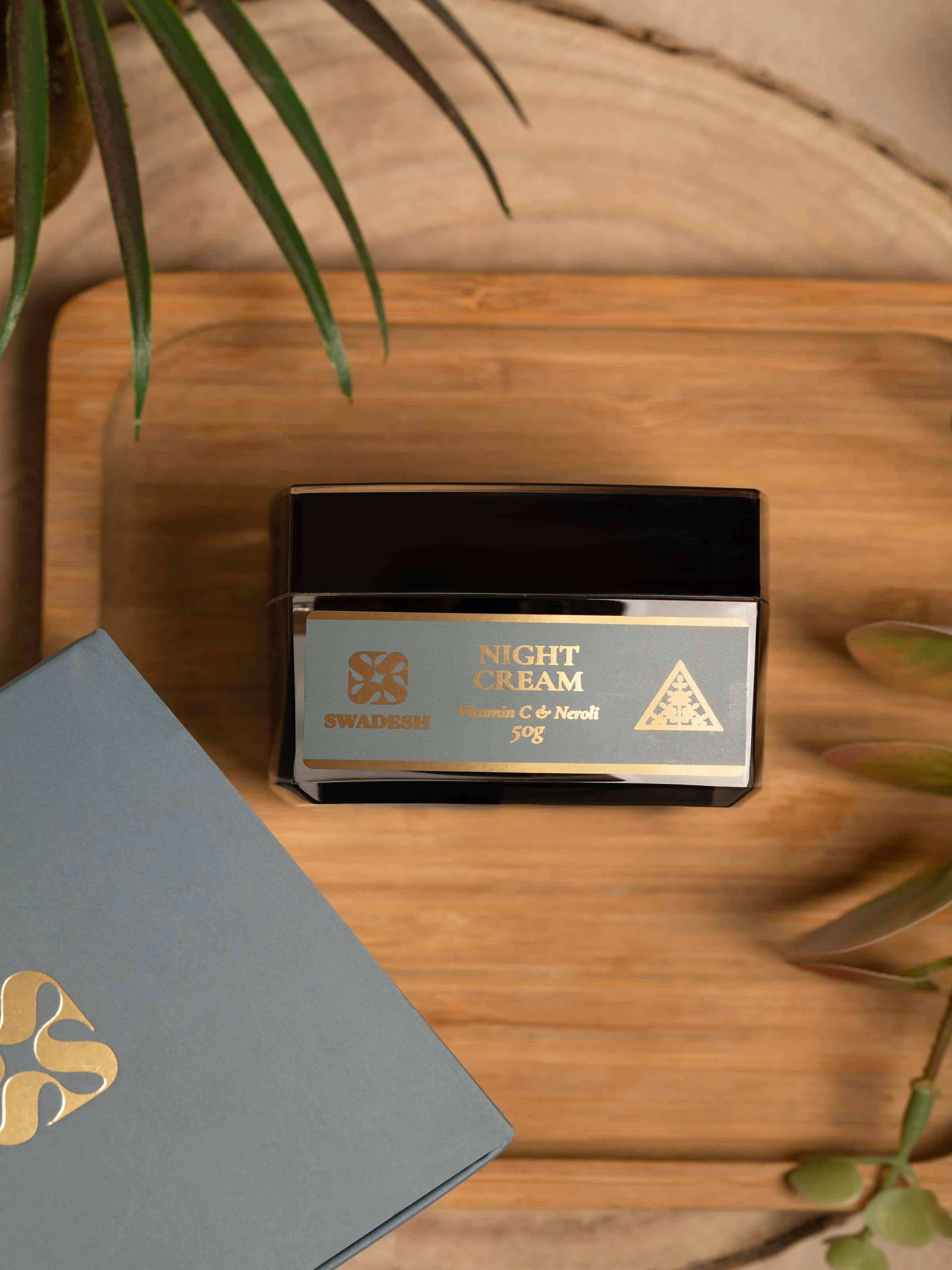 Side view of Night Cream Vitamin C & Neroli showing the jar and label details.