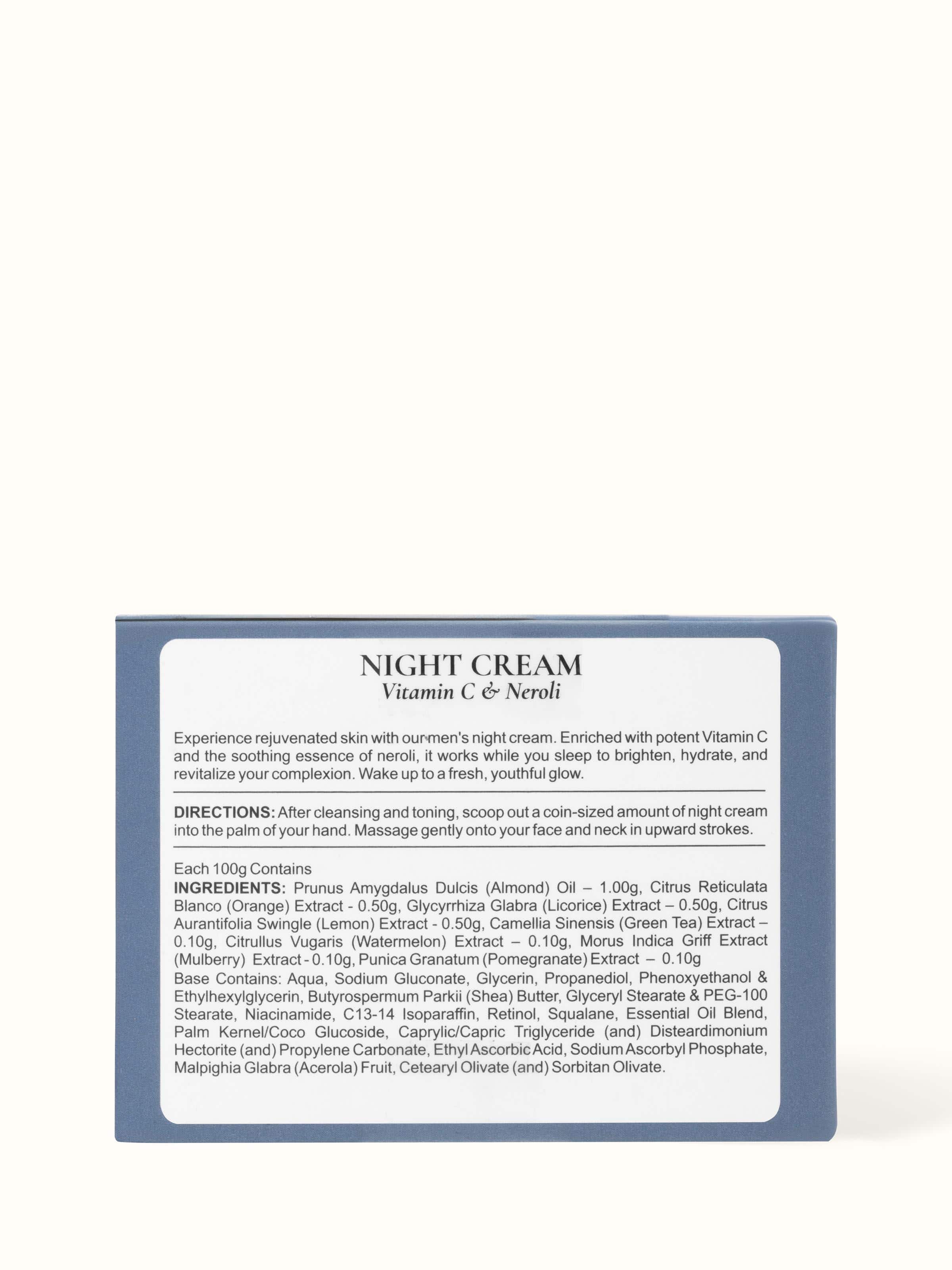 Angled view of Night Cream Vitamin C & Neroli showcasing the jar’s design.