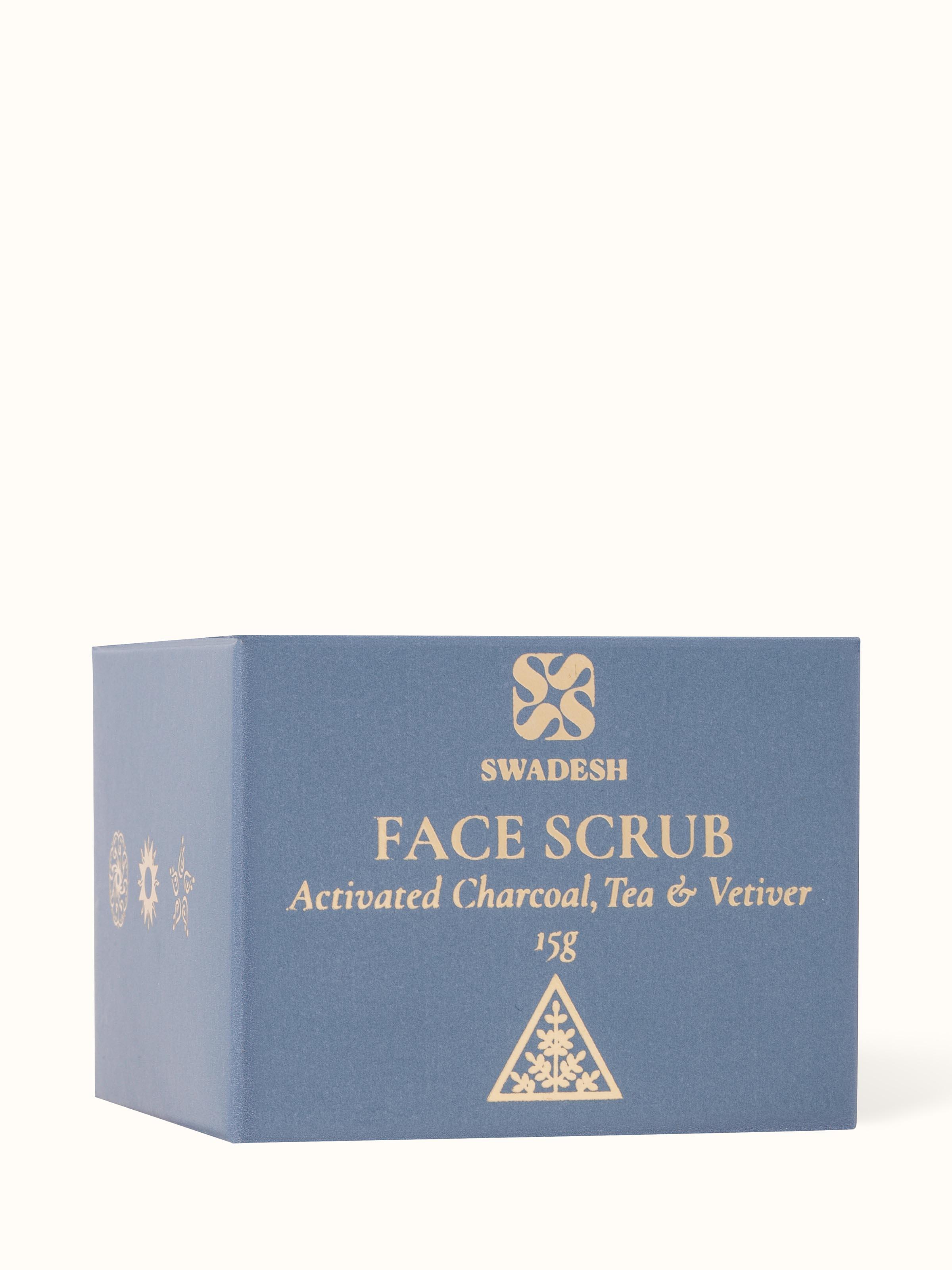 Back view of Face Scrub Activated Charcoal, Tea & Vetiver displaying the ingredient list and product details.