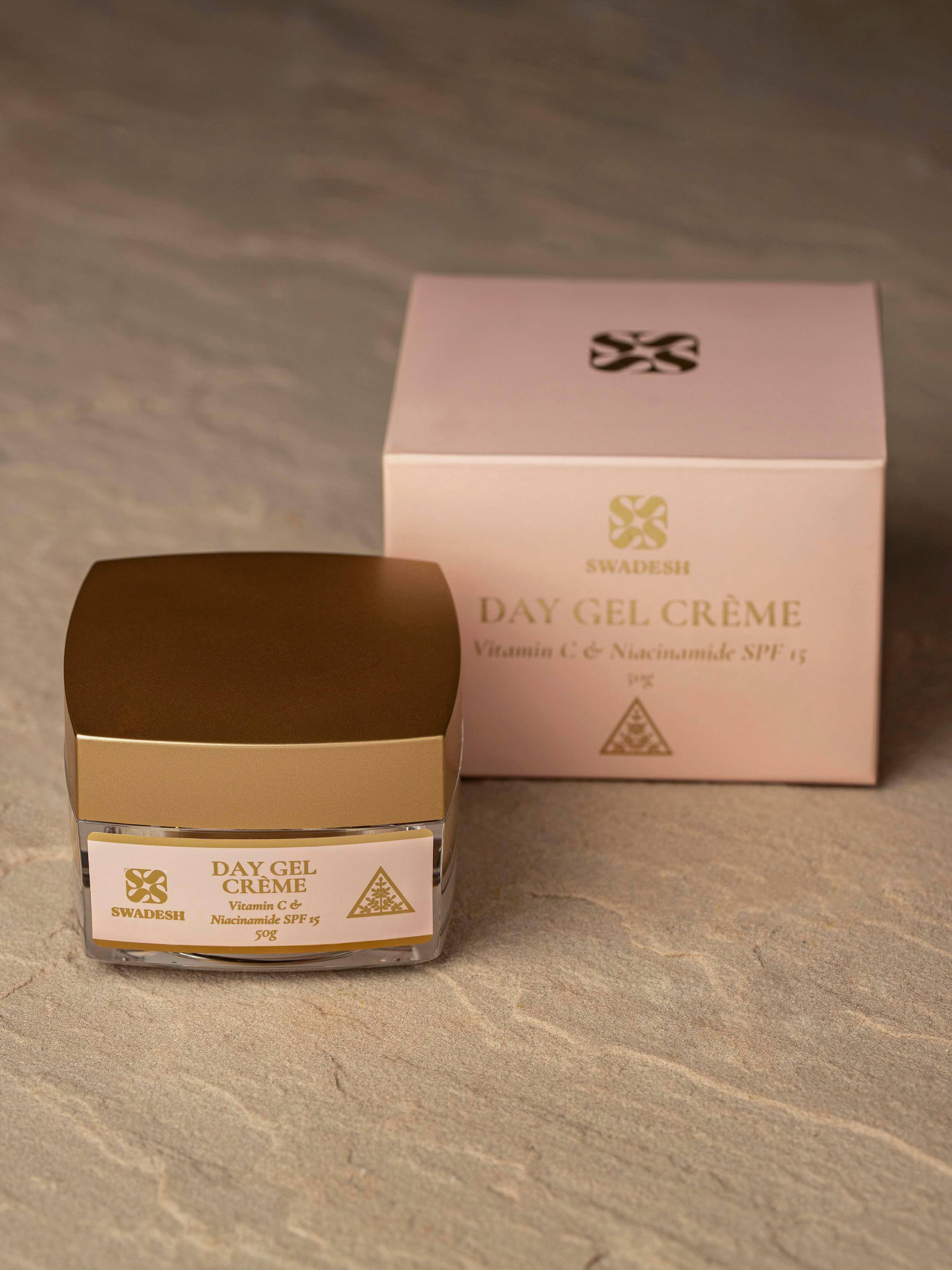 Close-up view of Day Gel Crème Vitamin C & Niacinamide SPF 15 showing the product's label details.