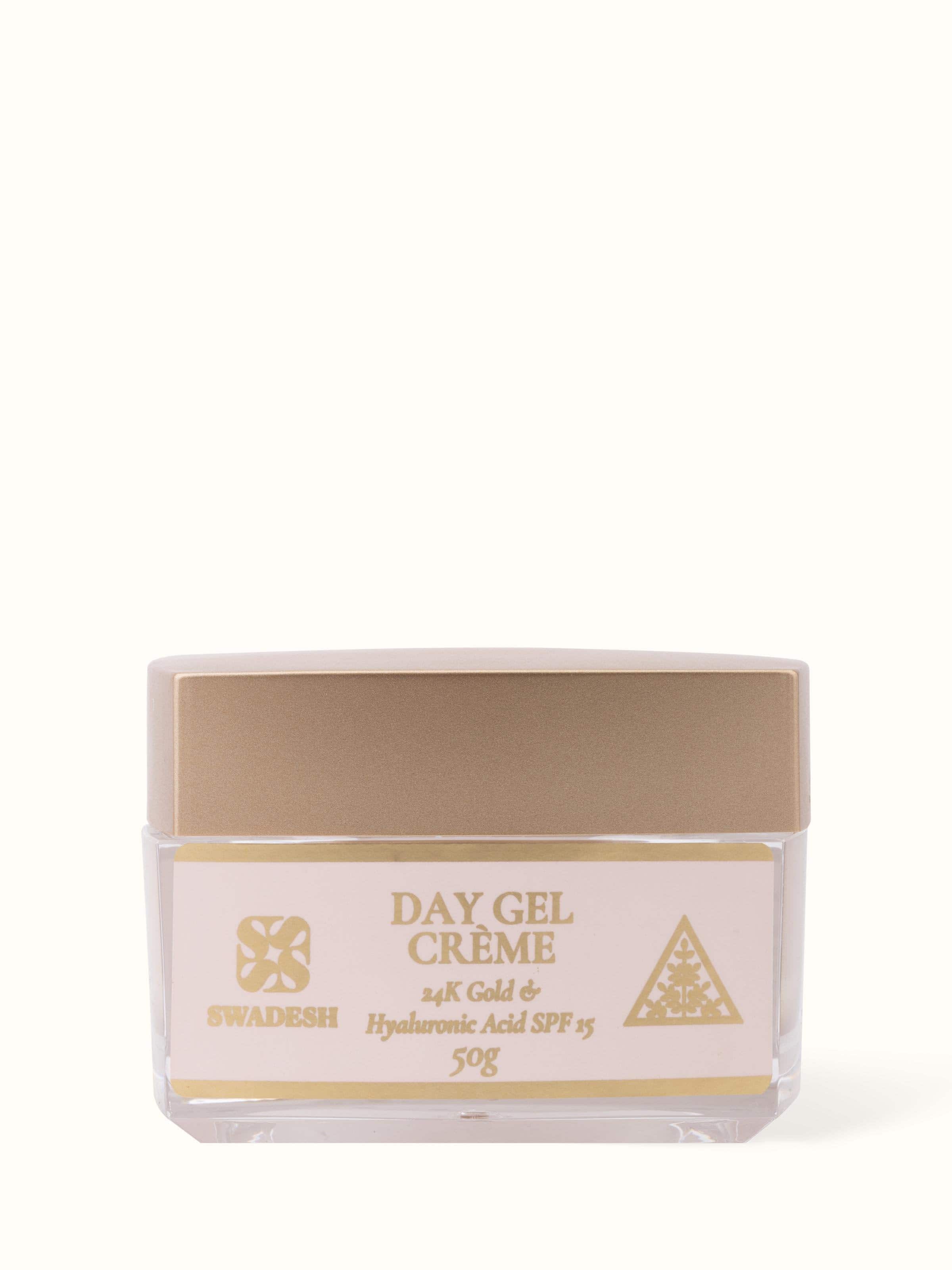 Front view of Day Gel Crème 24K Gold & Hyaluronic Acid SPF 15 showcasing luxurious packaging