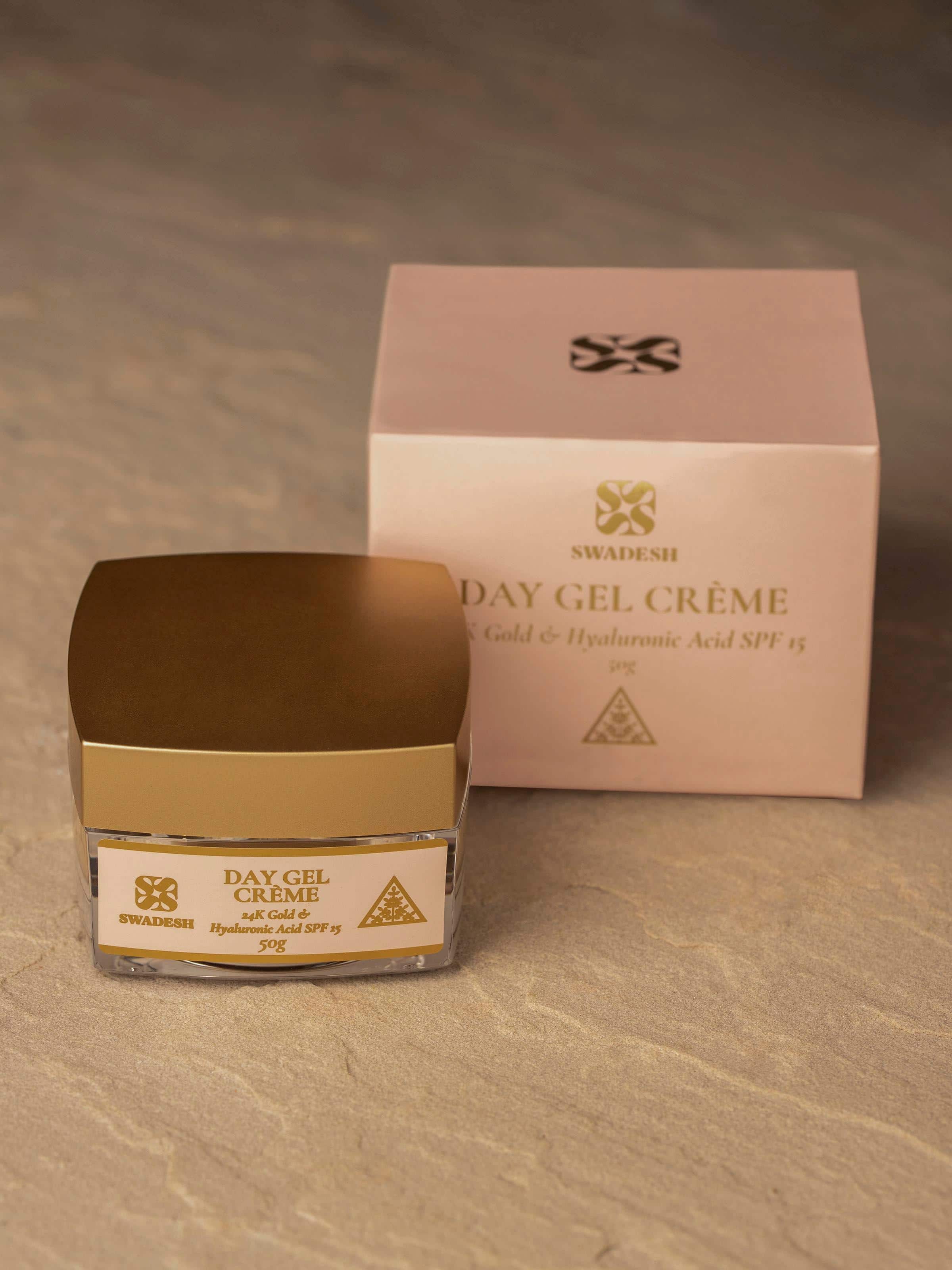 Close-up of Day Gel Crème 24K Gold & Hyaluronic Acid SPF 15 focusing on its rich, creamy consistency
