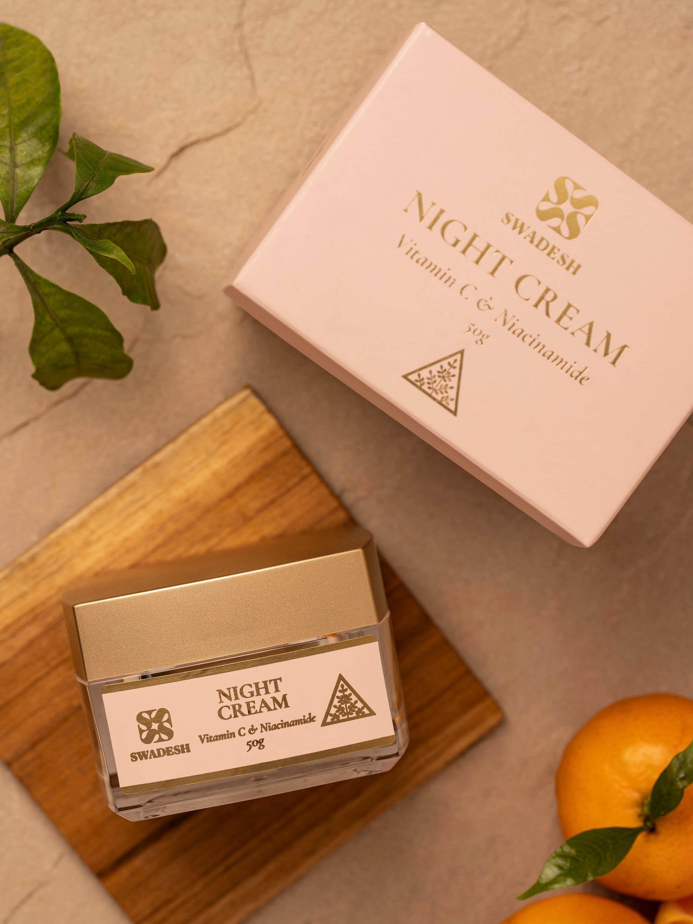 Close-up view of Night Cream Vitamin C & Niacinamide jar highlighting the product label and lid