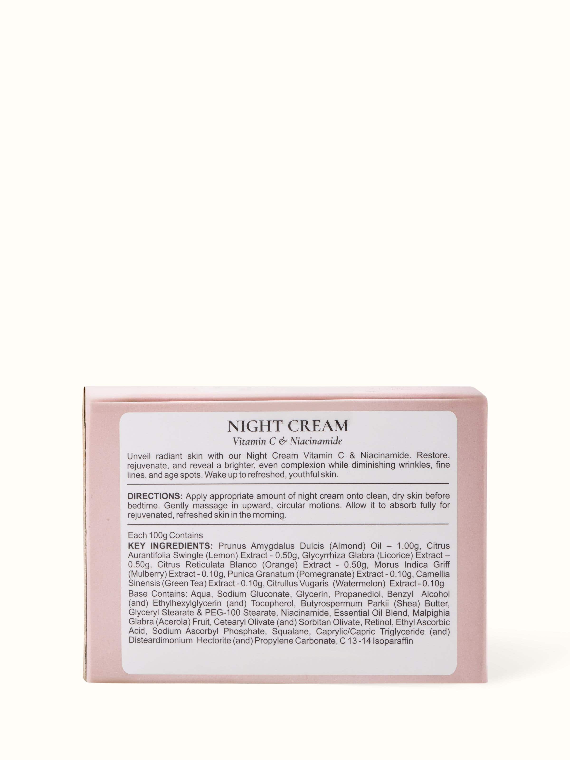 Angled view of Night Cream Vitamin C & Niacinamide jar displaying the jar's shape and label information